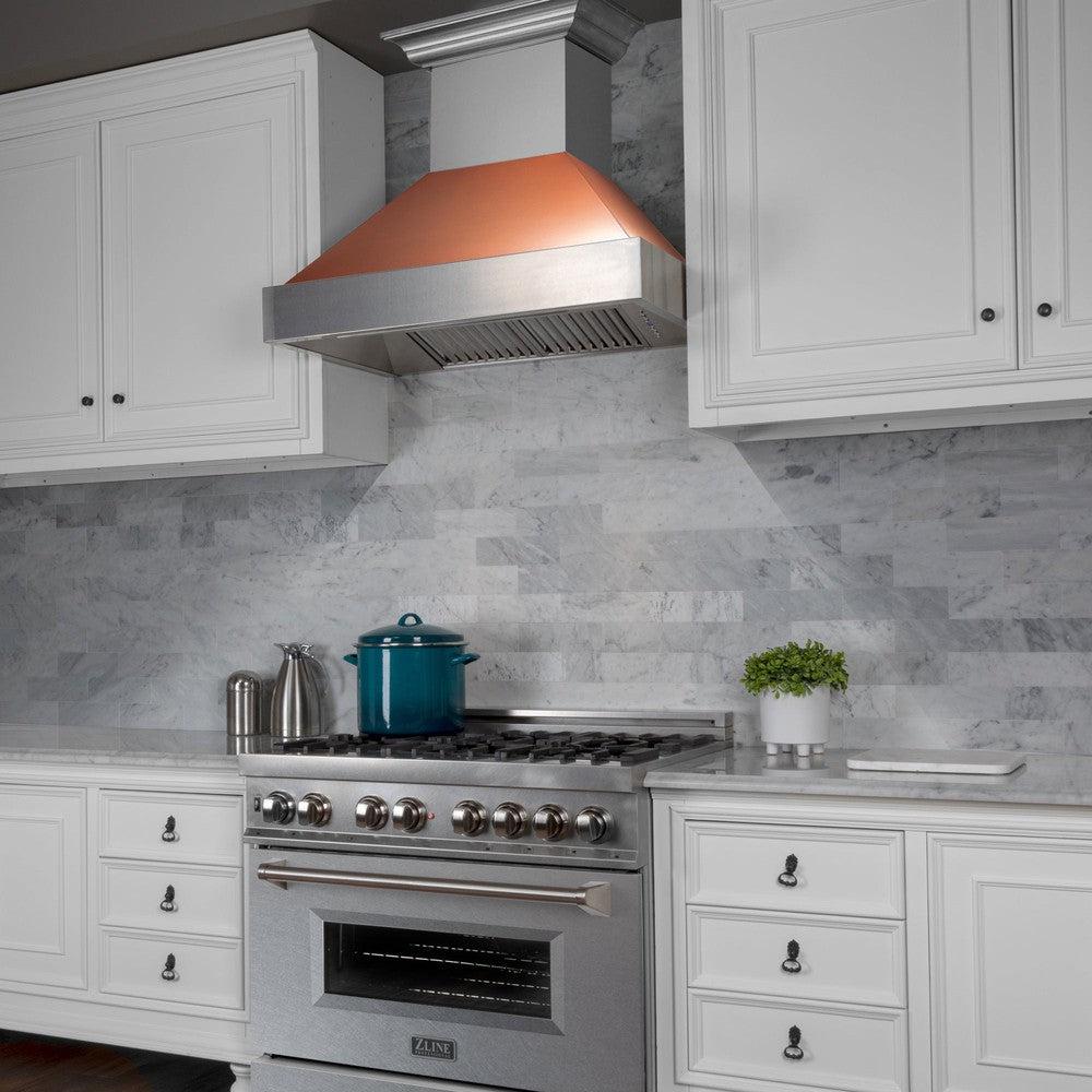 ZLINE 36 Inch Ducted Wall Mount Range Hood - Satin Stainless Steel with Copper Shell (8654C 36) | Powerful Kitchen Ventilation for Gas Stoves & Cooking Smoke Removal