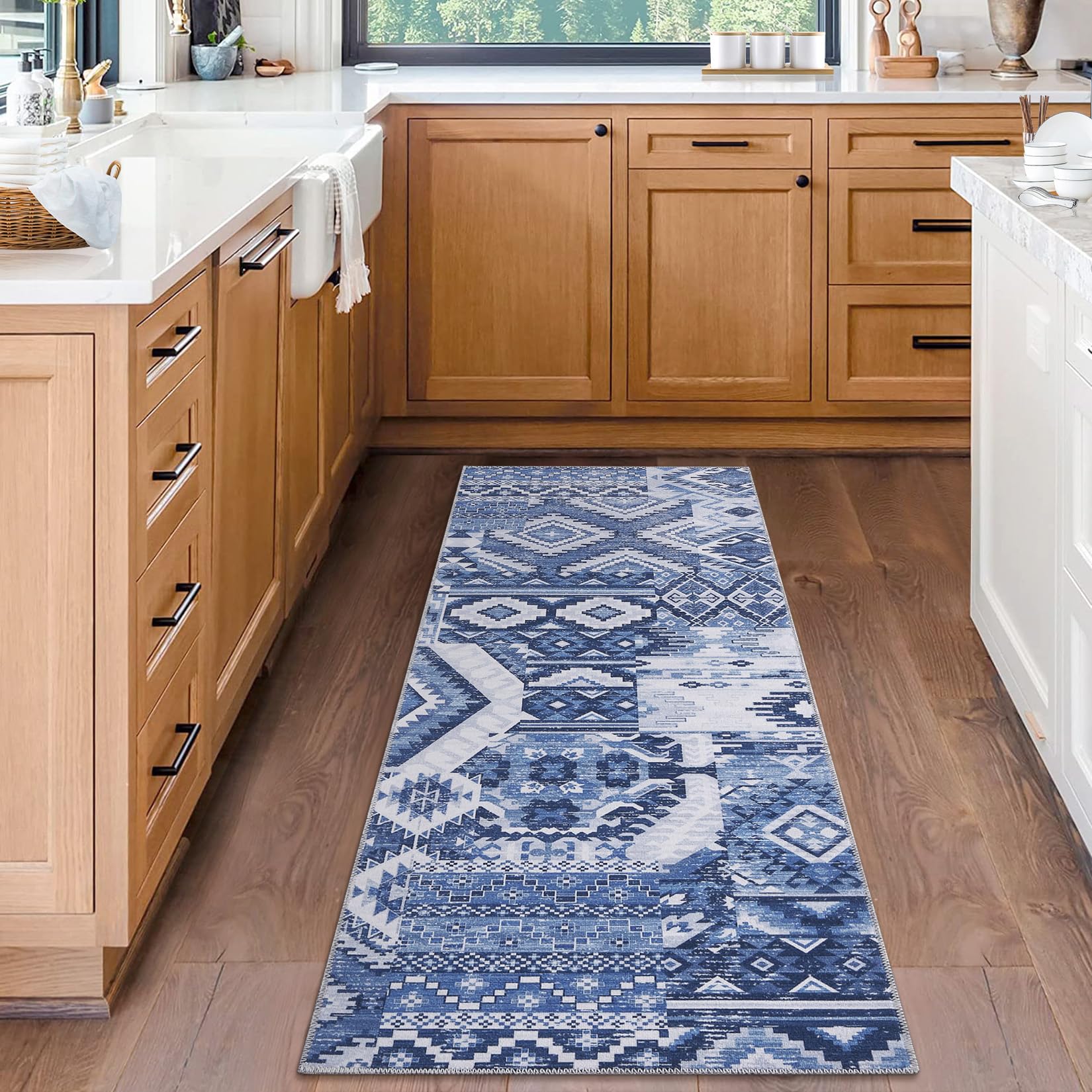 GARVEE 2x3 Washable Non-Slip Chenille Rug - Farmhouse Style Low Pile Entryway Mat for Kitchen, Bathroom, Bedroom & Front Door - Blue Tribal Design Indoor Carpet | Perfect for High-Traffic Areas, Pet-Friendly Homes & Cozy Decor