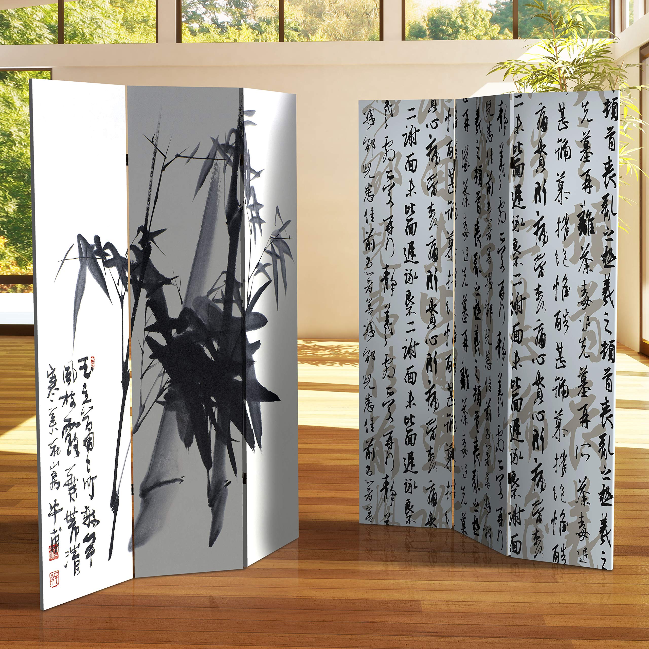 6 ft. Tall Red Lantern Double Sided Zen Brushstroke Canvas Room Divider - Bamboo Calligraphy Asian Style Folding Screen for Home Decor, Office Partition & Meditation Space