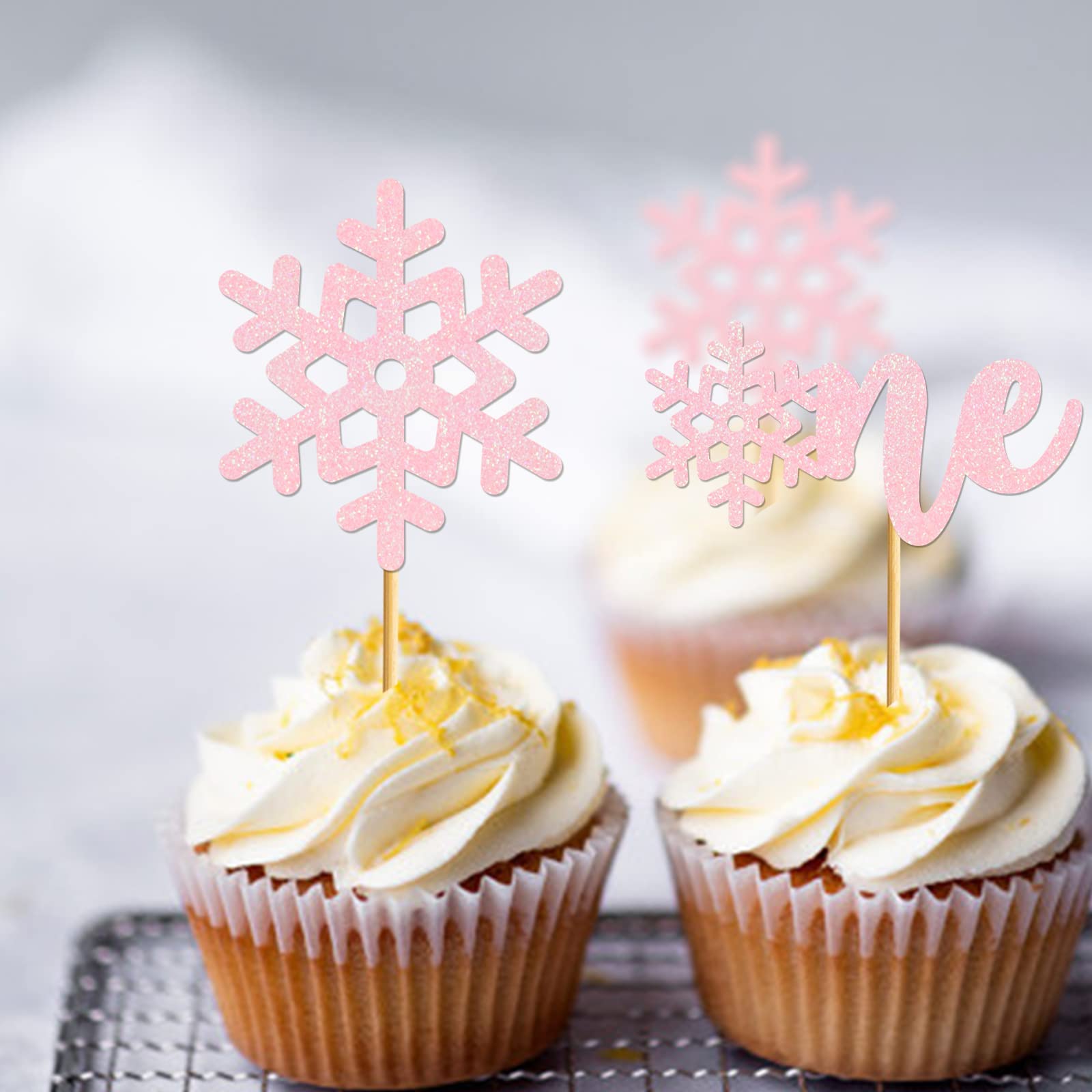 24 Pcs Glitter Pink Snowflake Cupcake Toppers for 1st Birthday Party Decorations - Perfect for Onederland Theme, Baby Girl's First Birthday Cake Decor, Christmas & Winter Celebrations
