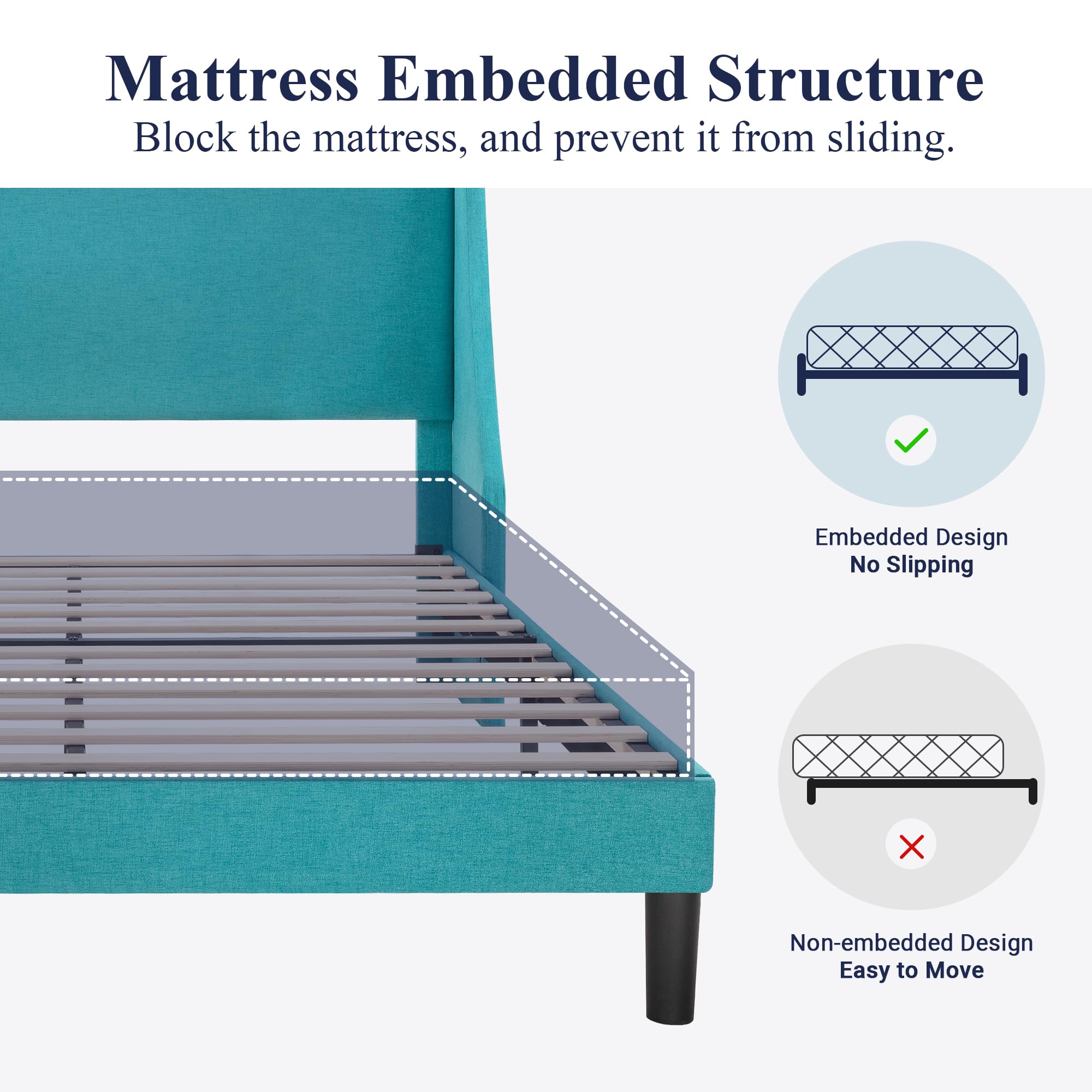 Allewie Queen Size Platform Bed Frame with Upholstered Headboard - Modern Wingback Design, Wood Slat Support & Mattress Foundation in Peacock Green | Perfect for Master Bedrooms, Guest Rooms & Modern Apartments