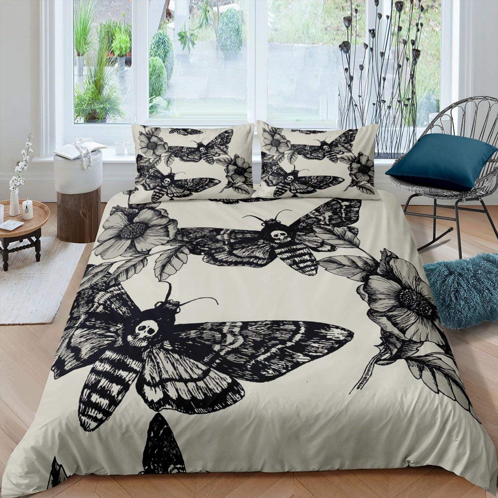 3D Printed Skull & Floral Duvet Cover Set - Twin Size Brushed Microfiber Comforter Cover with Moth & Flower Design | Soft Bedding Set for Gothic, Teen & Dorm Room Decor (2-Piece) | Perfect for Halloween, Dark Aesthetic Bedrooms & Alternative Style Home Decor
