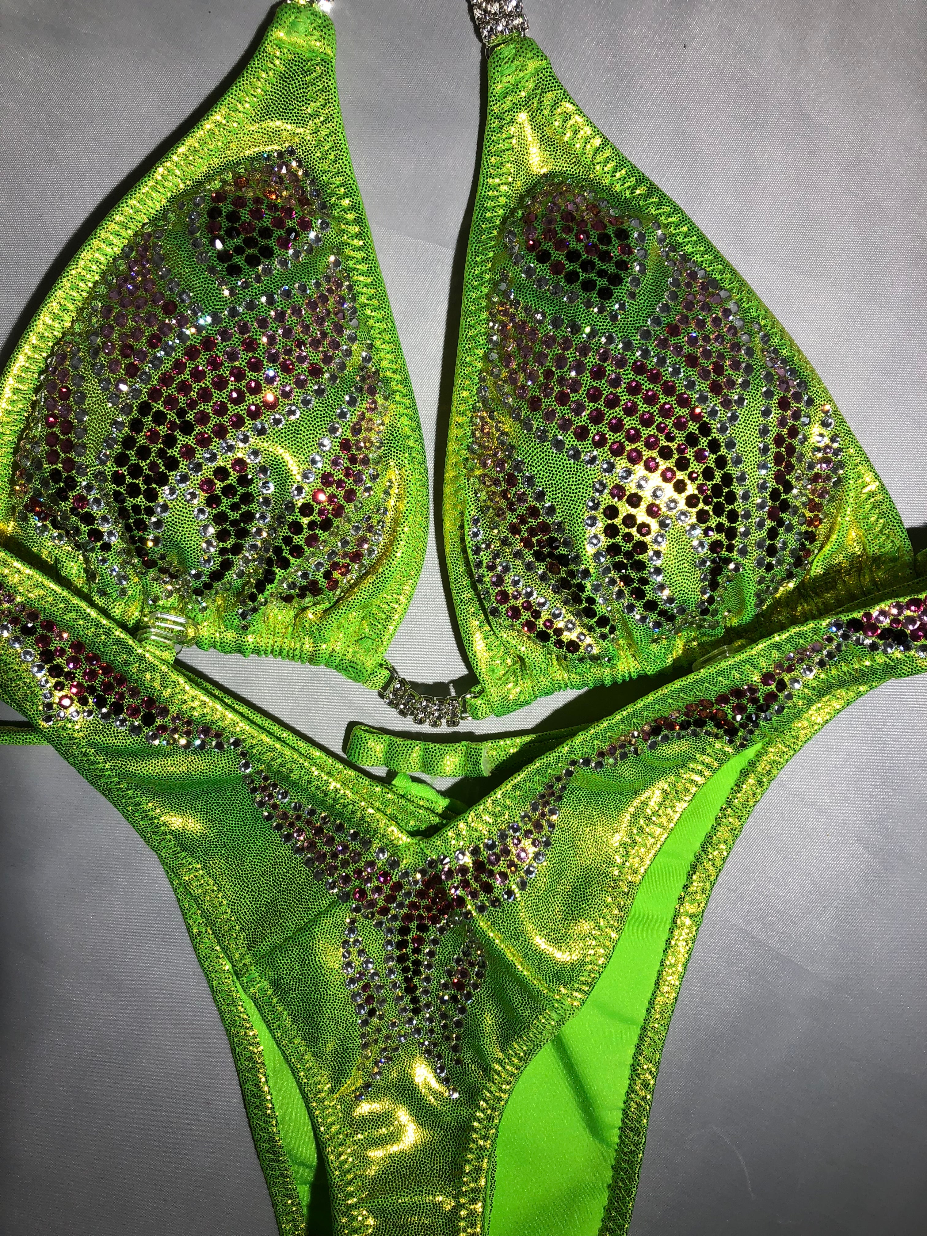 AP08 Chartruce Neon Green Rhinestone Posing Suit - IFBB NPC Approved Competition Bikini for Figure & Physique - Perfect for Stage Performances and Bodybuilding Shows