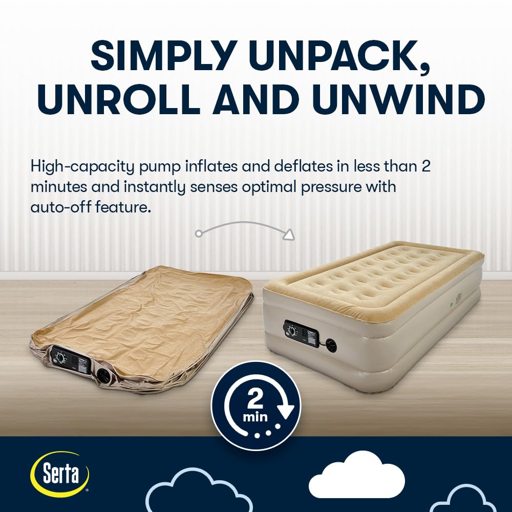 Serta Raised Air Mattress with Never Flat Pump - Luxury Inflatable Mattress with Built-in Air Pump for Comfortable Sleep | Heavy Duty Blow Up Bed with Self-Inflating Technology | Perfect for Camping, Guest Beds & Home Use