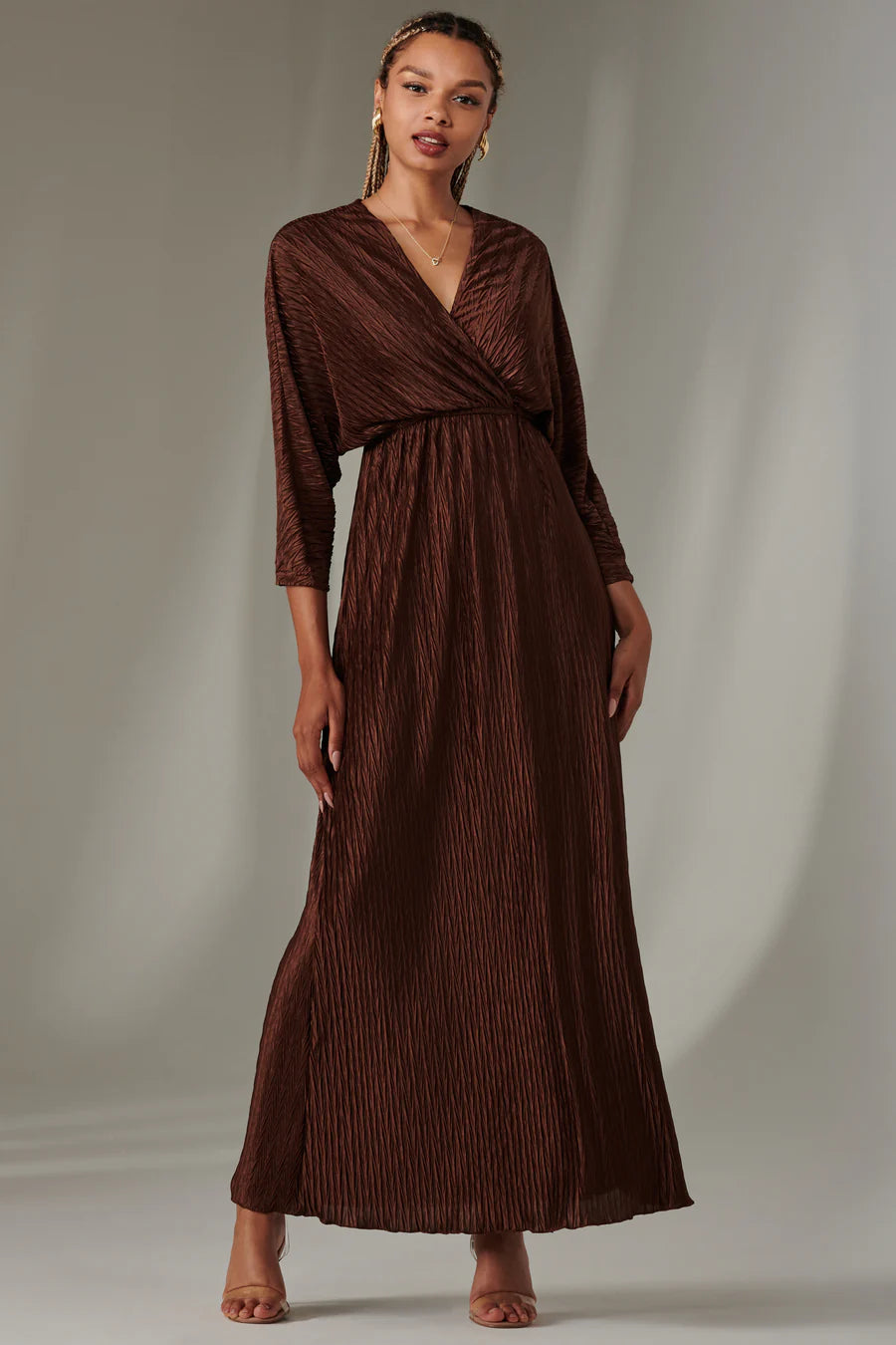 Elegant Chocolate Brown Ruffle Hem Chiffon Maxi Dress for Women - Perfect for Weddings, Parties & Special Occasions