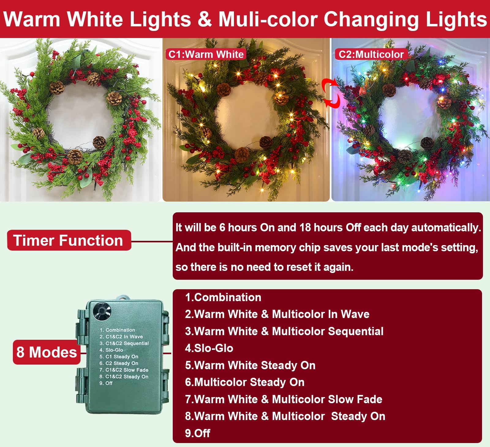 20 Inch Real Touch Christmas Wreath with LED Lights & Timer - 8 Lighting Modes, Battery Operated Artificial Green Cedar Wreath with Pinecones & Berries - Perfect for Front Door, Wall, Windows, Mantle Decorations (Holiday Home & Office Decoration)