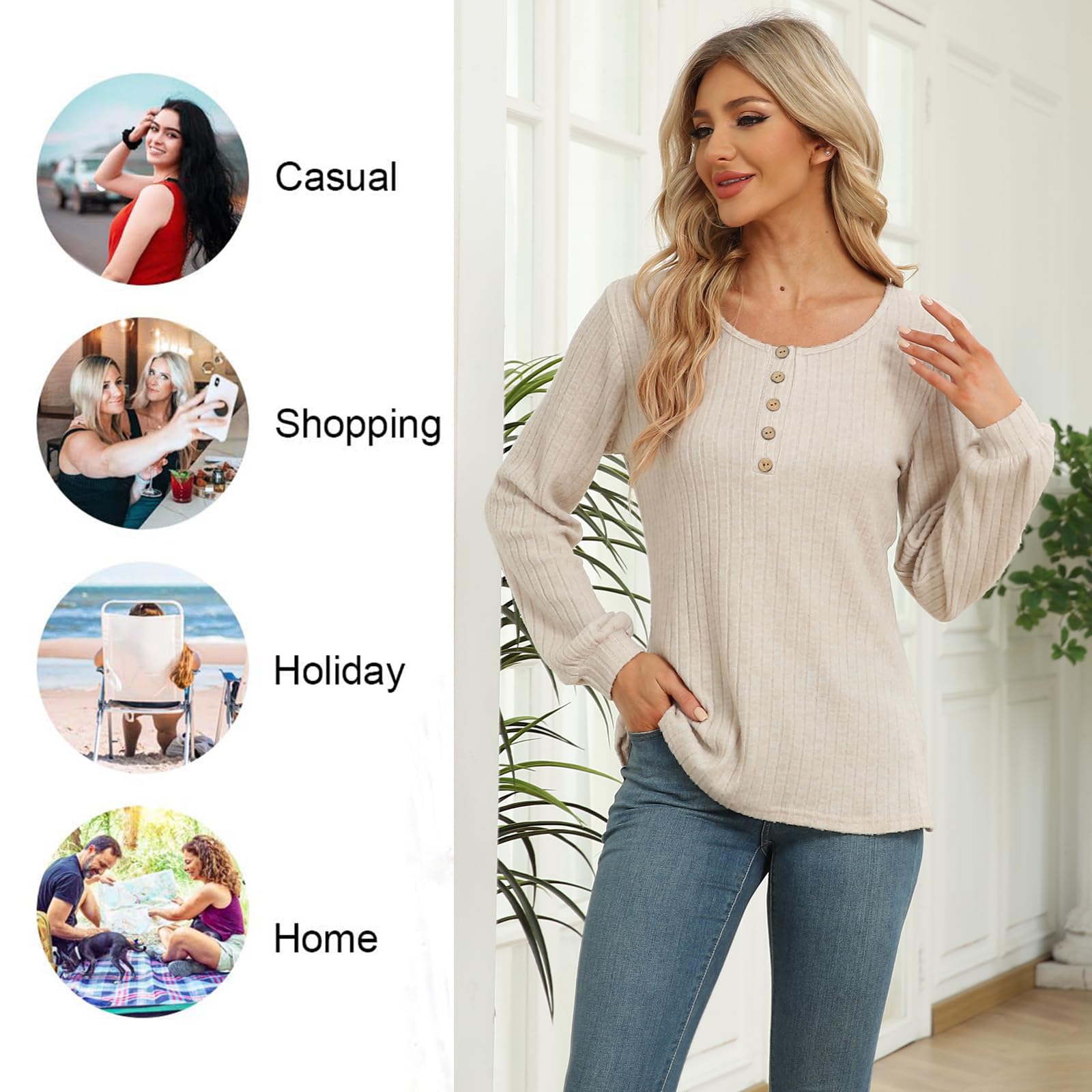 DB MOON Women's Lightweight Sweaters 2025 - Long Sleeve Henley Shirt, Fall Casual Crewneck Tunic Tops for Women | Perfect for Office Wear, Date Night & Autumn Layering