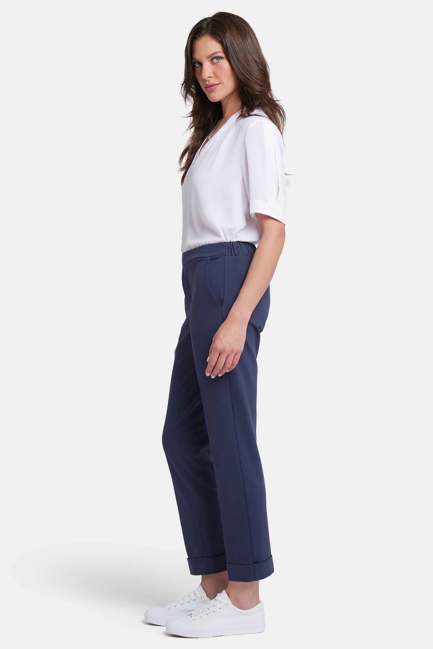 Cassidy Ankle Pull On Trouser Pants for Women - Comfortable Stretch Oxford Navy Slacks for Work, Office & Business Casual Wear