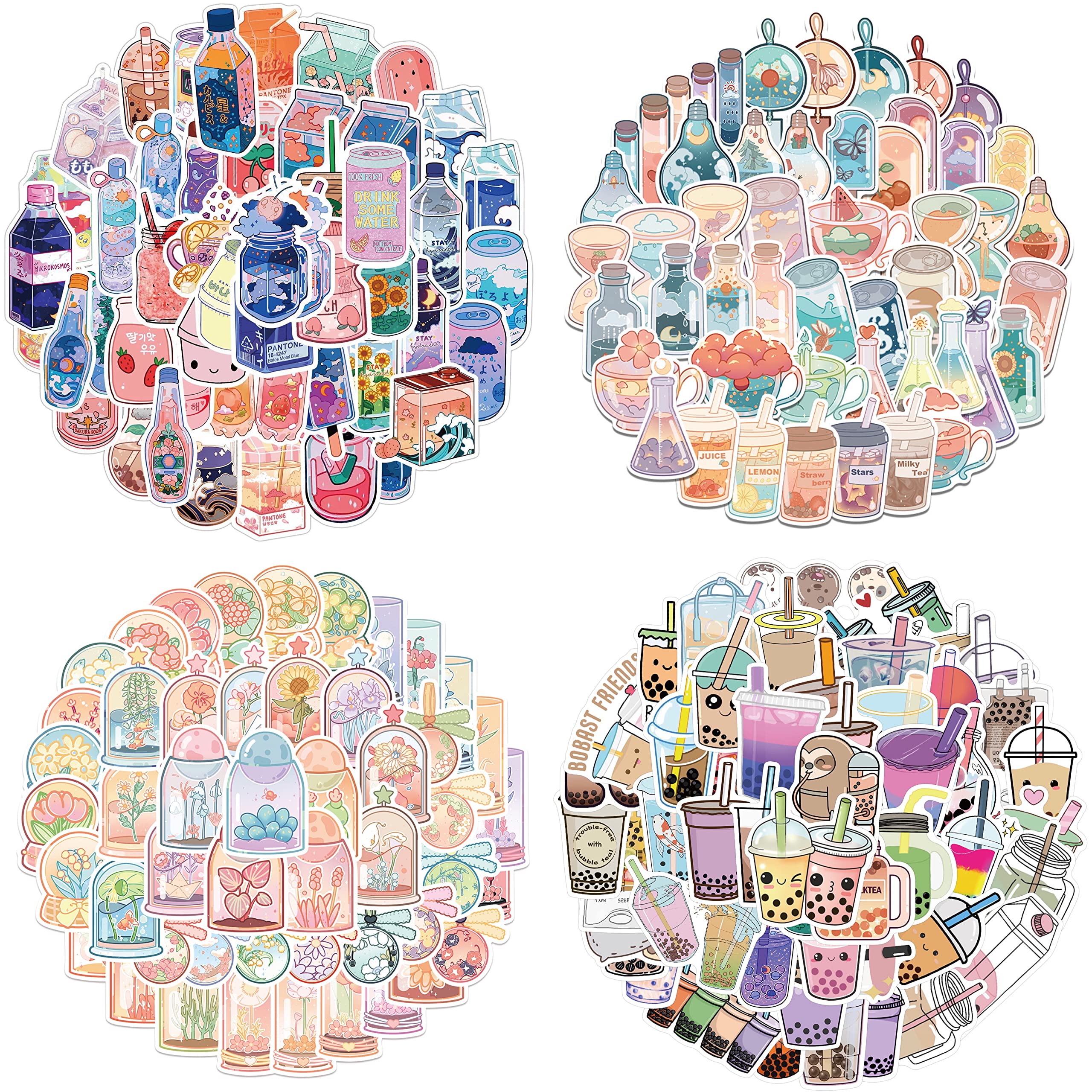 Tuqiso 200 Pcs Waterproof Vinyl Stickers - Cute Cartoon Boba Tea Decals for Water Bottles, Laptops & Flasks | Aesthetic Doodle Stickers for DIY Crafts, School Supplies & Gift Wrapping