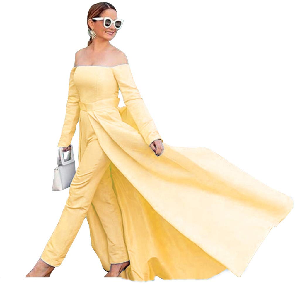 Emanni Women's Off The Shoulder Prom Dress Jumpsuit - Elegant Wedding Gown with Detachable Skirt in Yellow | Perfect for Prom, Evening Party, and Special Occasions