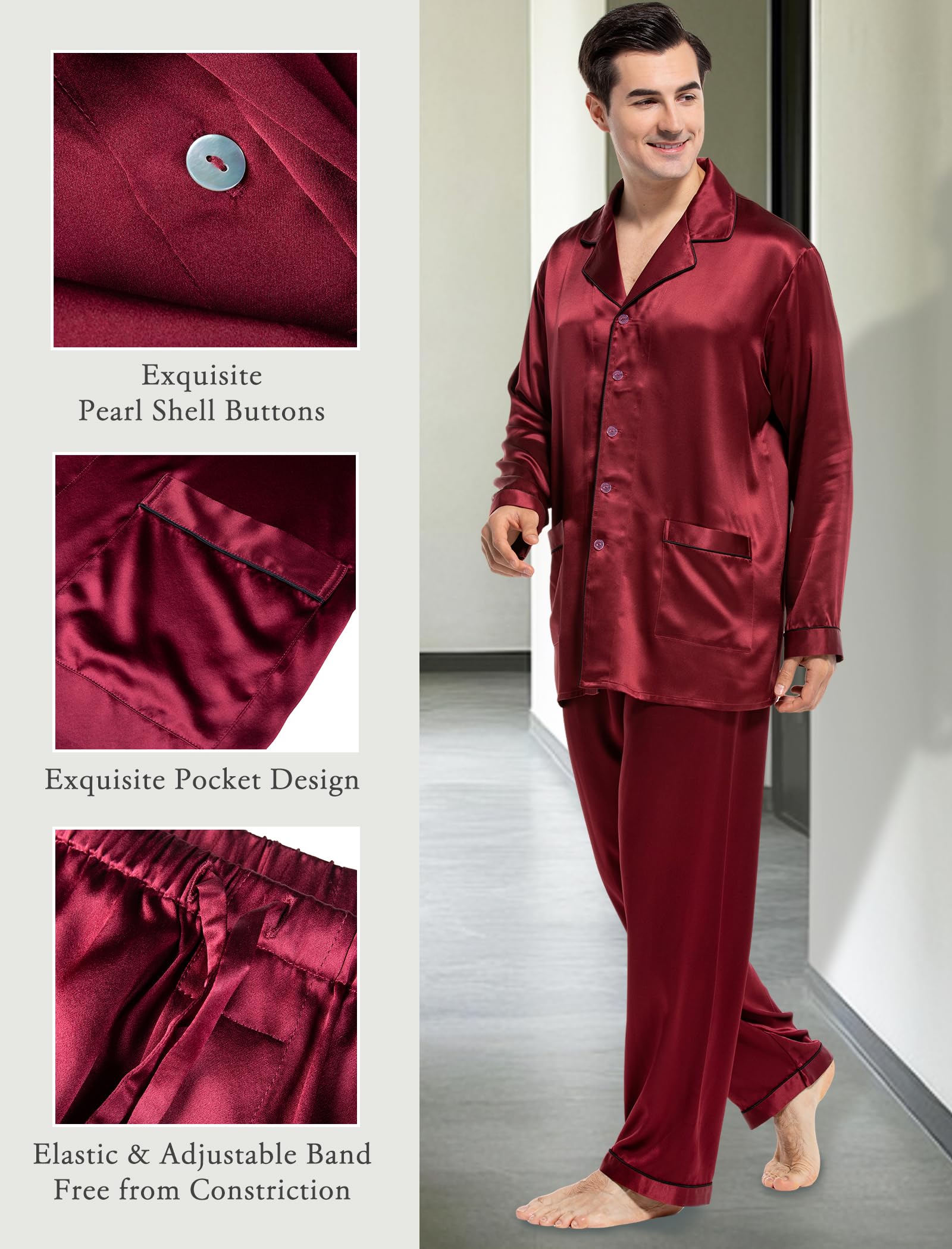 Luxury Men's Silk Pajamas Set - 2PC Long Sleeve Button-Down Sleepwear for Comfortable Nightwear & Lounge Wear - Perfect for Relaxing at Home, Gift Giving & Special Occasions