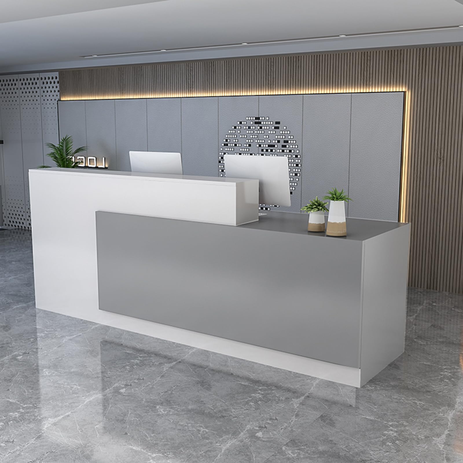 Modern Reception Counter Desk with Lockable Drawers - Wooden Front Desk for Office, Retail Store & Beauty Salon - Durable Checkout Counter for Lobby, Reception Area & Workspace (F-Right)