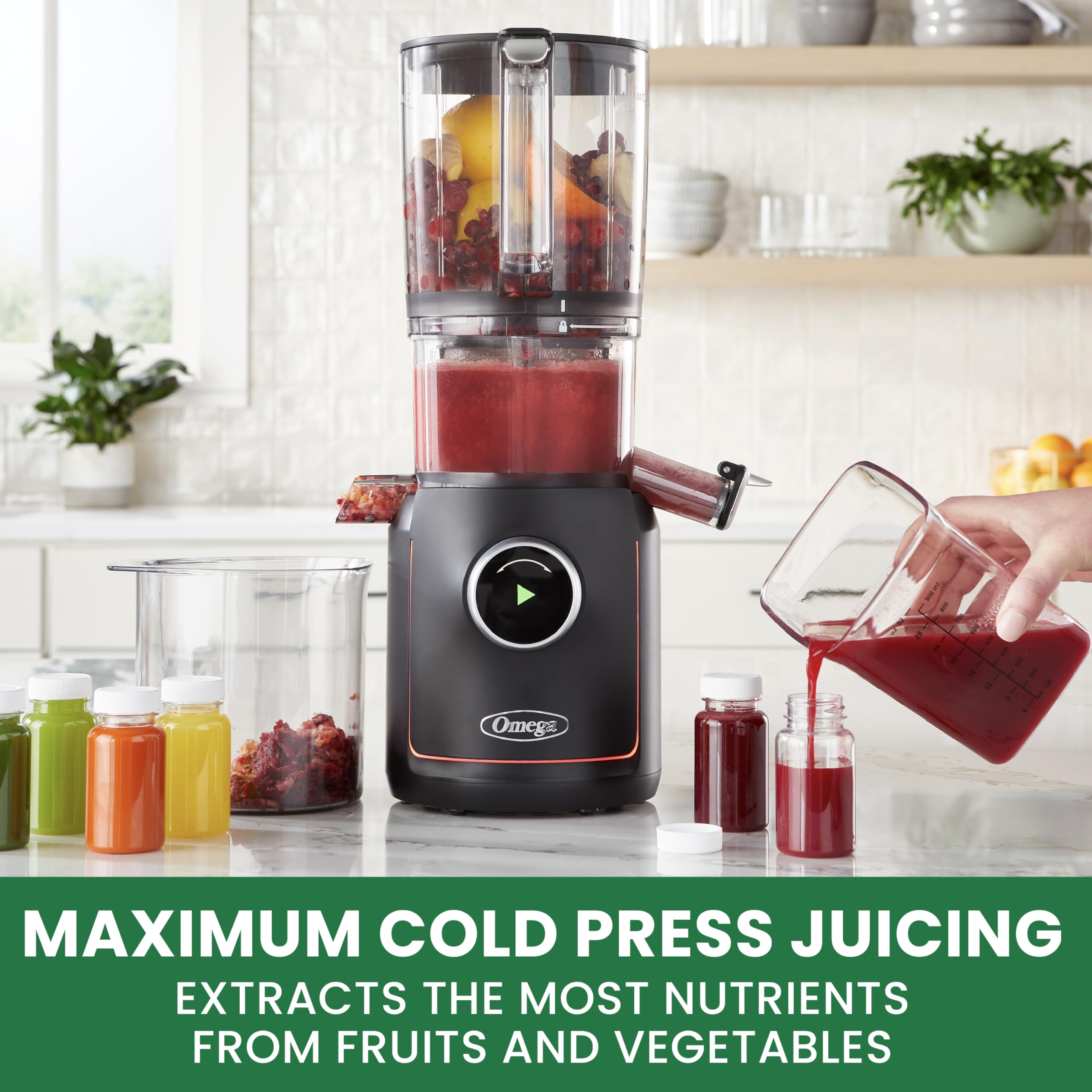Omega Ultimate Performance Slow Masticating Juicer with Intellidial Technology - Cold Press Fruit & Vegetable Juice Extractor, 64oz Hopper, 4 Juice Glasses, 200W (Black) - Perfect for Healthy Juicing at Home, Detox & Weight Loss