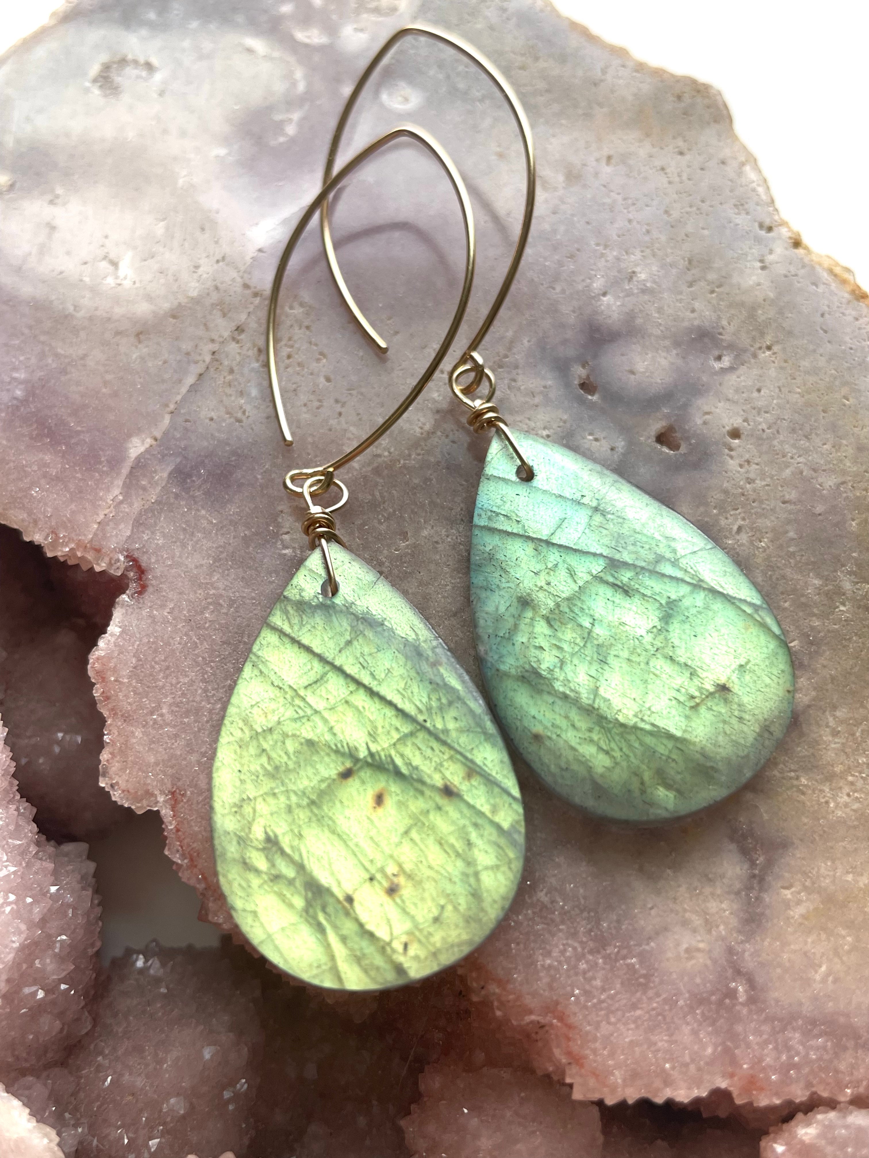 Labradorite Crystal Drop Earrings - 14K Gold Plated Dangle Earrings for Women | Elegant Boho Jewelry for Parties, Weddings & Everyday Wear