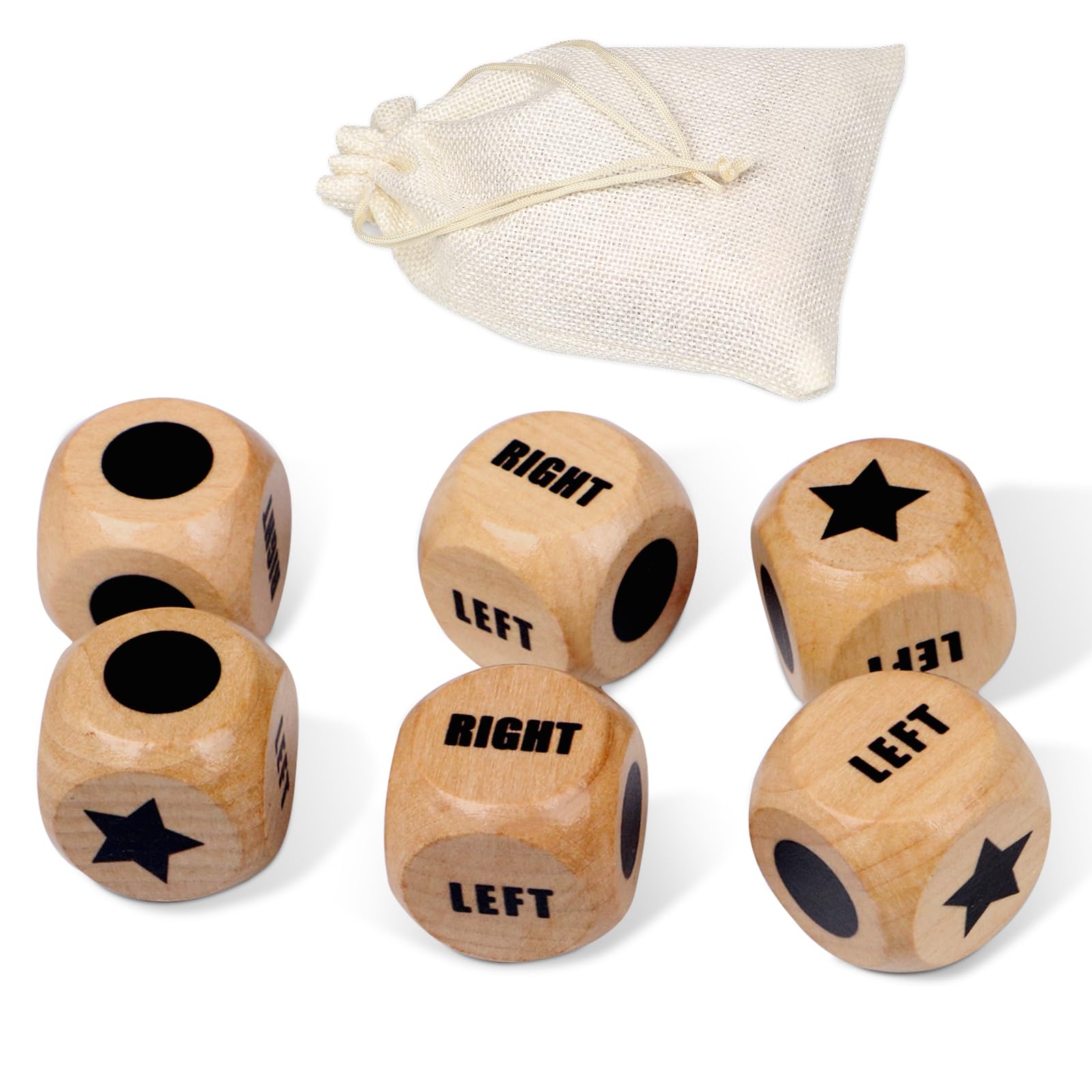 6Pcs Left Right Center Dice Game Set - 1.2 Inch Wooden LCR Dice with Carry Bag for Family Game Night, Camping, Travel & Parties (Indoor/Outdoor Use)