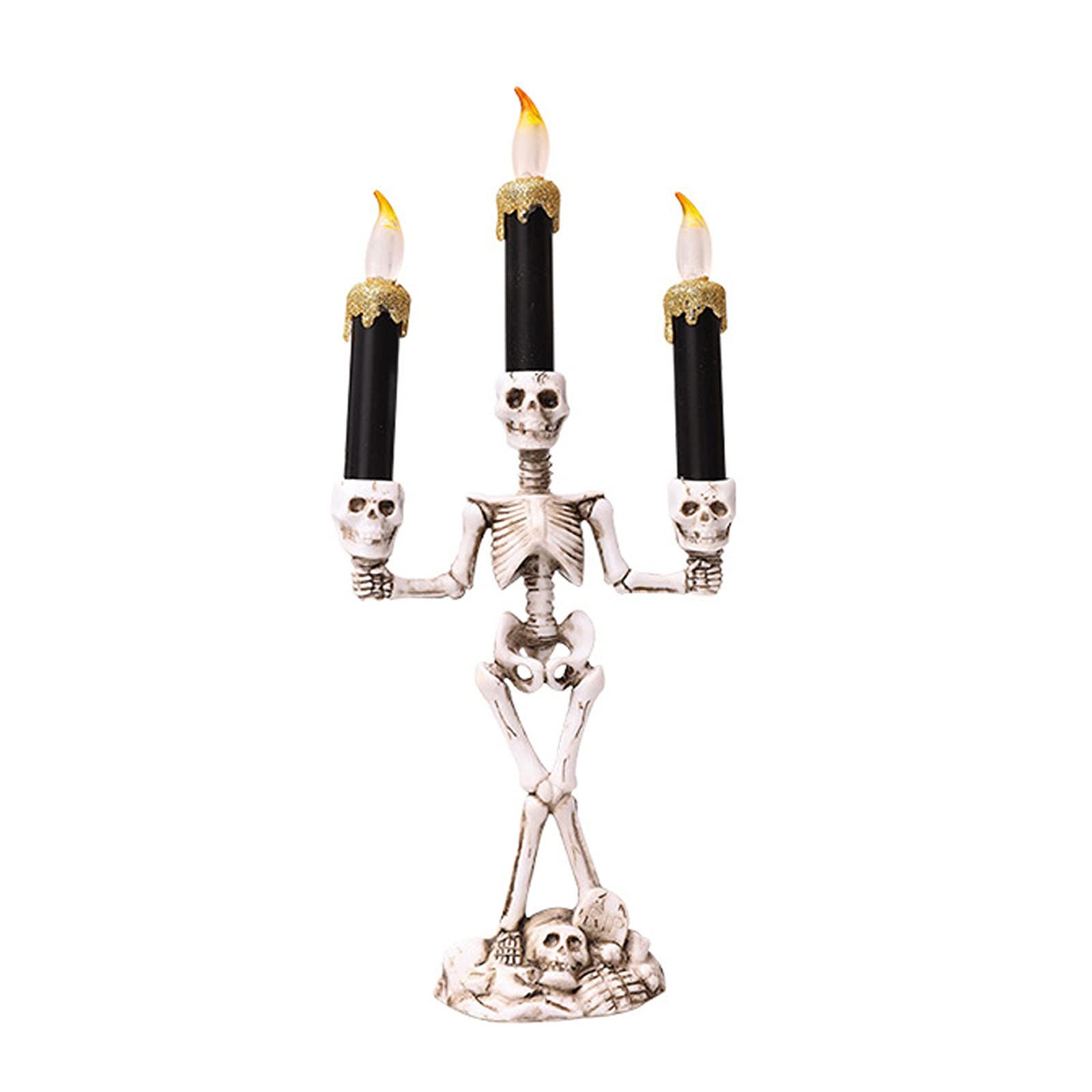 Flameless LED Halloween Candles with Skeleton Candle Holder - Gold Skull Halloween Decor for Haunted House, Party & Tabletop - Battery Operated Safe Resin Candlestick for Spooky Home, Office & Outdoor Decorations