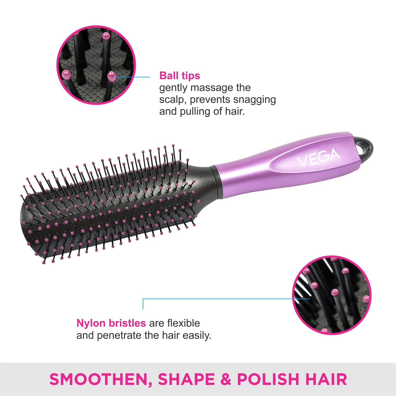 Vega Flat Hair Brush with Cleaning Comb - India's No.1 Hair Brush Brand for Men & Women (E18-FB) - Perfect for Styling, Detangling & Smoothing Hair at Home or Salon