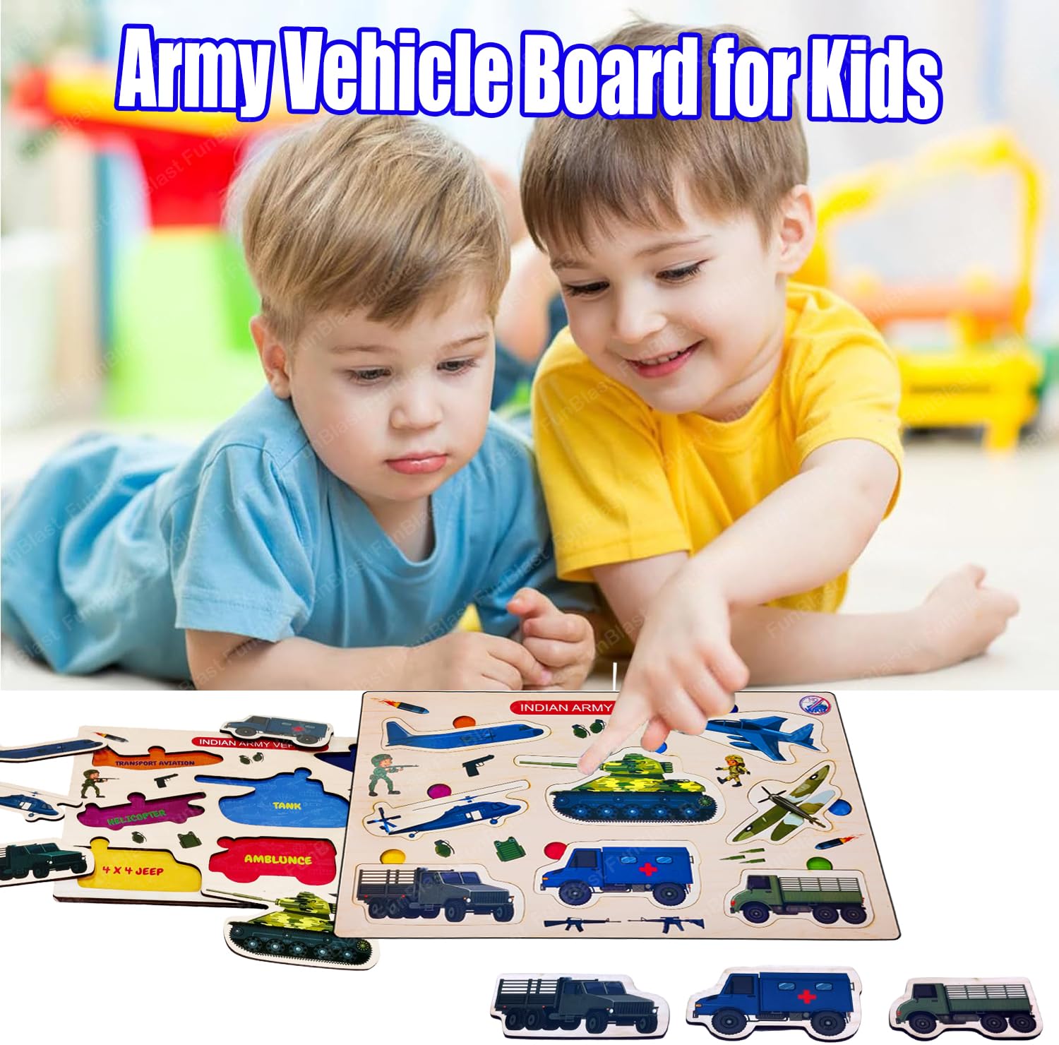 FunBlast Wooden Army Vehicle Puzzle Board - Colorful Educational Learning Toy for Kids, Boys & Girls | STEM Toy for Early Childhood Development & Creative Play