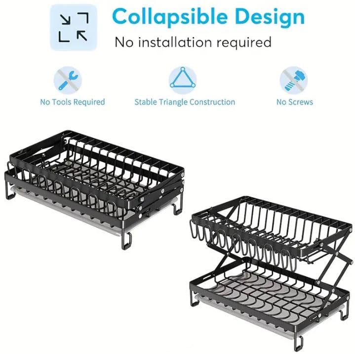 Foldable 2-Tier Over The Sink Dish Drying Rack with Glass & Utensil Holder | Durable Metal Kitchen Counter Dish Drainer | Space-Saving Solution for Small Kitchens & Apartments