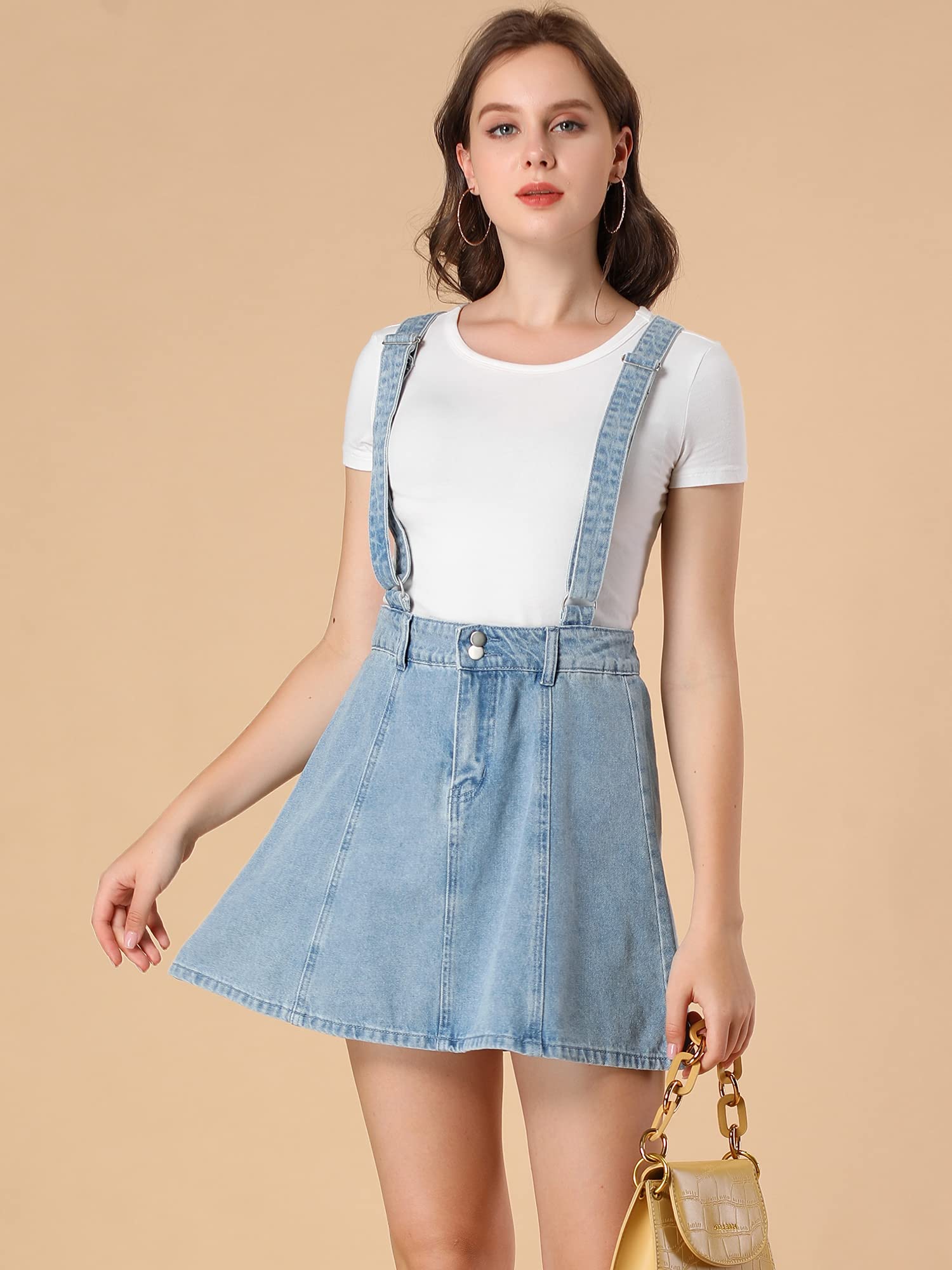 Allegra K Women's Denim Skirt with Adjustable Straps - Vintage Washed Mini Jean Skirt Overalls for Casual Outfits & Summer Fashion
