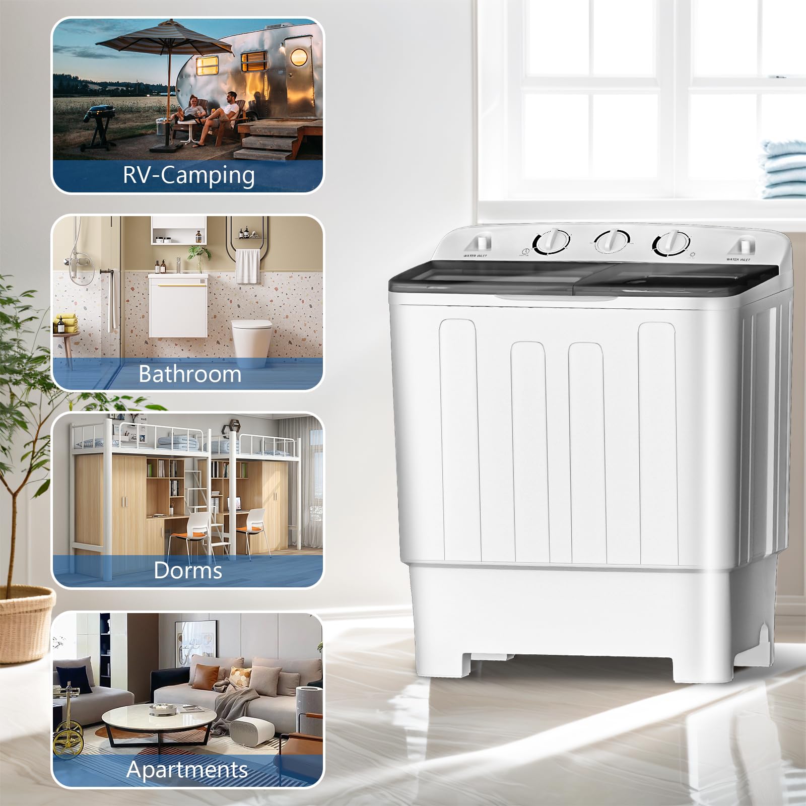 Portable Twin Tub 32lbs Washing Machine with Drying Rack & 10 Hangers - Compact 22lbs Washer & 10lbs Spinner - Semi-Automatic Laundry Combo for Small Spaces, Dorms, Apartments - Perfect for RV, Camping & Tight Living Areas
