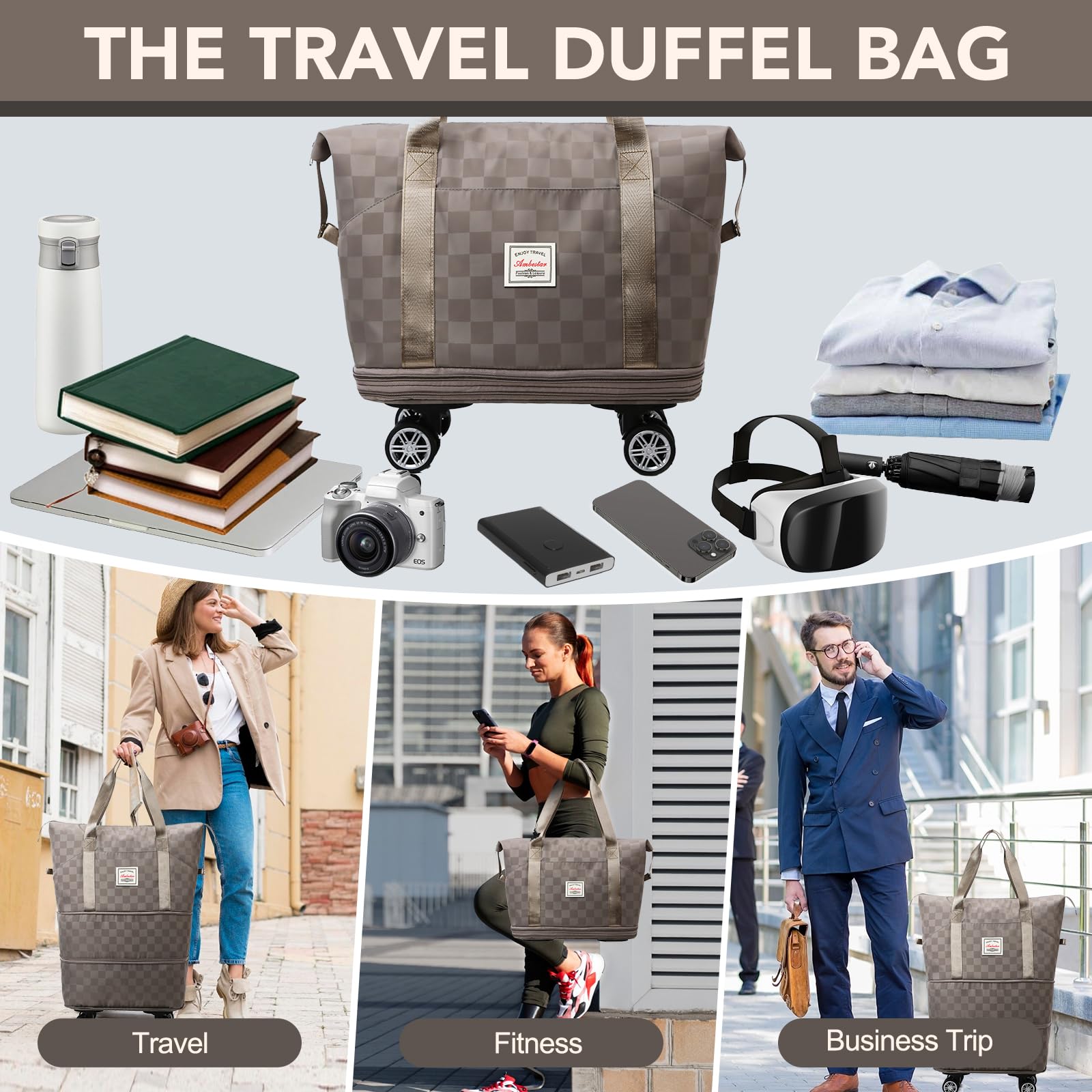 Foldable Travel Duffel Bag with Wheels - Expandable, Lightweight Carry-On Luggage for Women - Perfect for Air Travel, Gym, Weekend Trips & Outdoor Adventures