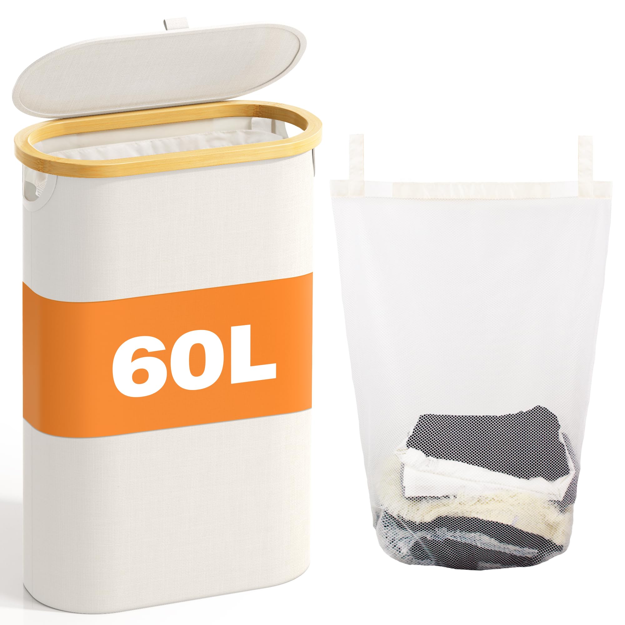 Slim Laundry Hamper with Lid - 60L Small Laundry Basket with Handles & Removable Bag - Space-Saving Dirty Clothes Hamper for Bedroom, Bathroom, Dorm - Beige Aesthetic Laundry Organizer for Home & Apartment