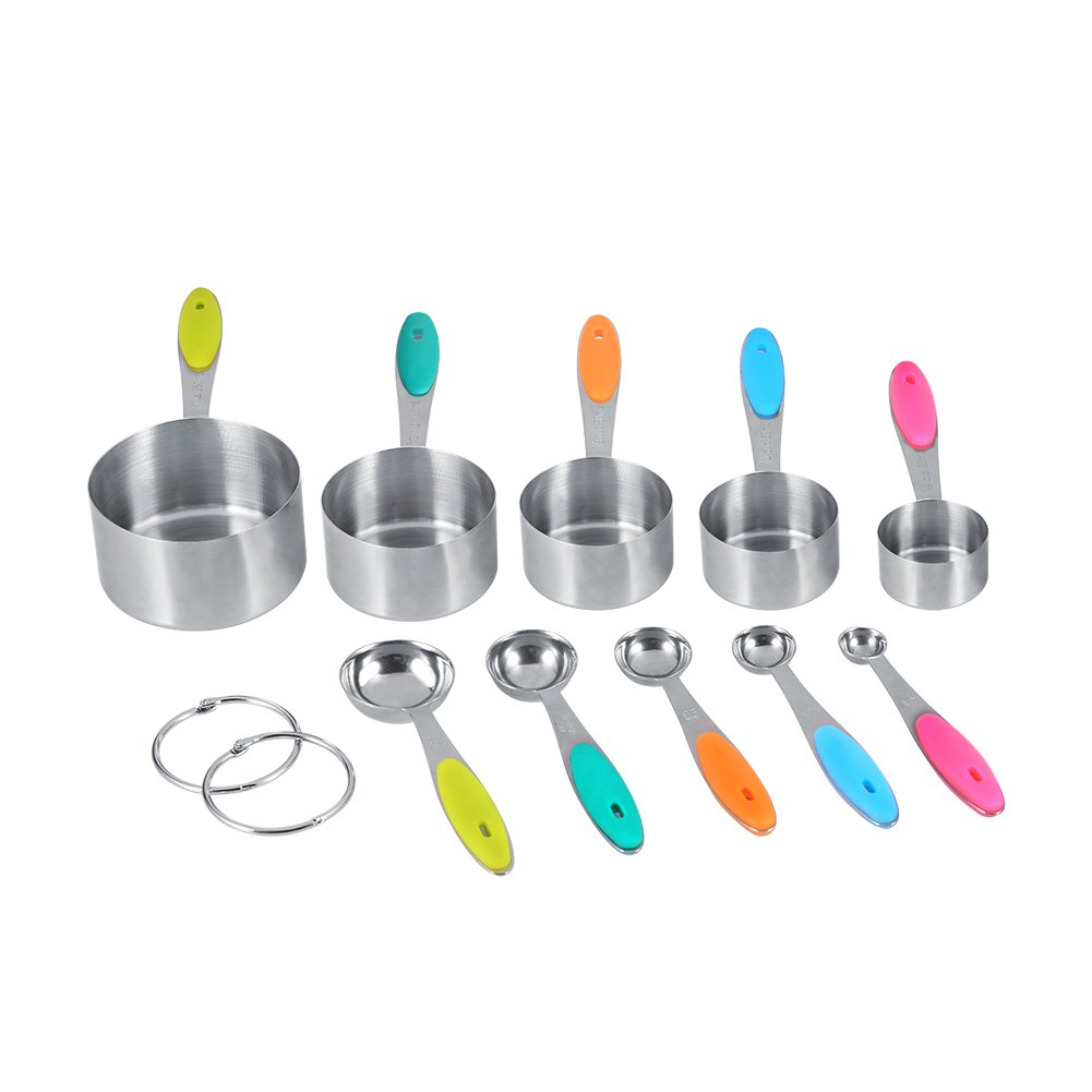 10-Piece Stainless Steel Measuring Cups and Spoons Set with Flat Bases & Measurement Scale - Essential Kitchen Tools for Baking, Cooking & Meal Prep