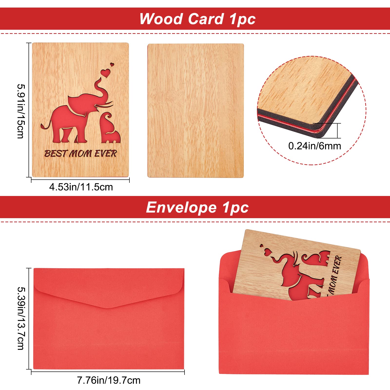 CRASPIRE Best Mom Ever Wooden Greeting Card with Elephant Design - Handmade Birthday, Mother's Day, Valentine's, Wedding Anniversary & Easter Gift Card - Perfect for Special Occasions & Heartfelt Moments