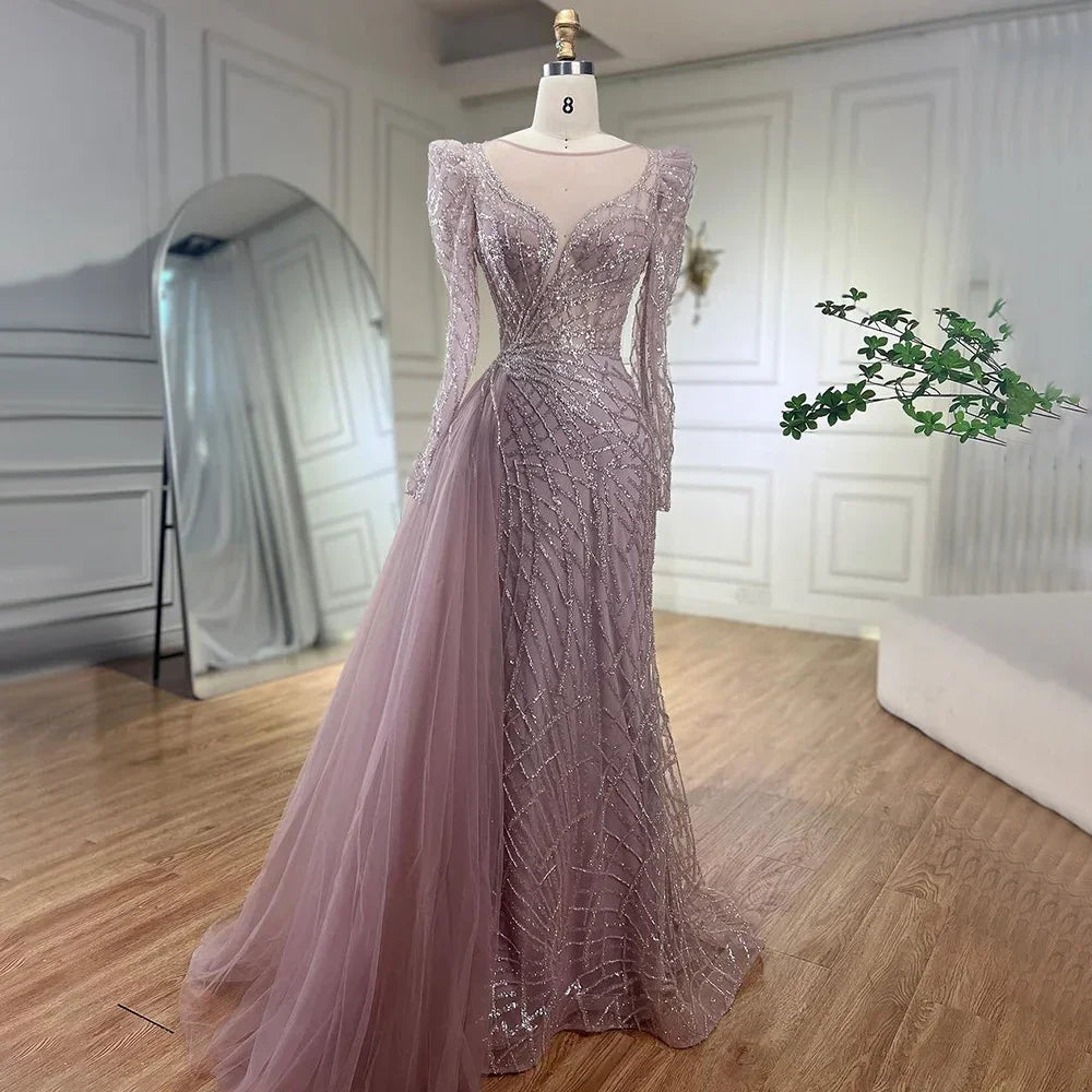 Luxury Muslim Gold Mermaid Evening Dress with Beaded Details & Overskirt - Dubai Style Formal Gown for Women 2025 (LA72206) | Perfect for Weddings, Galas & Special Occasions