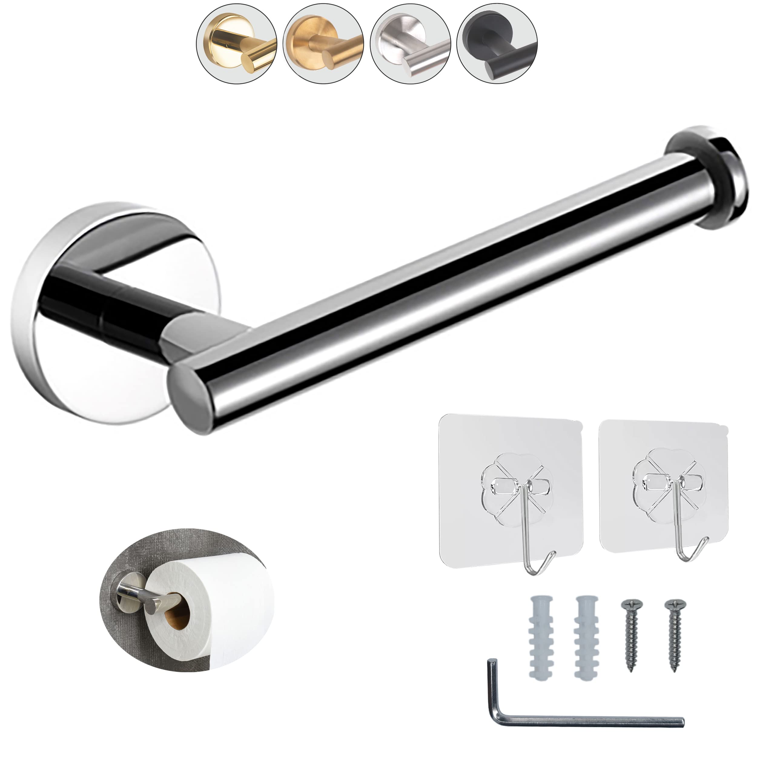 Stainless Steel Toilet Paper Holder Wall Mount - 304 Chrome Bathroom Tissue Roll Holder with Paper Towel Holder & 2 Clear Hooks for Toilet, Bathroom, Kitchen - Durable & Rustproof Bathroom Accessory Set for Home Decor & Organization