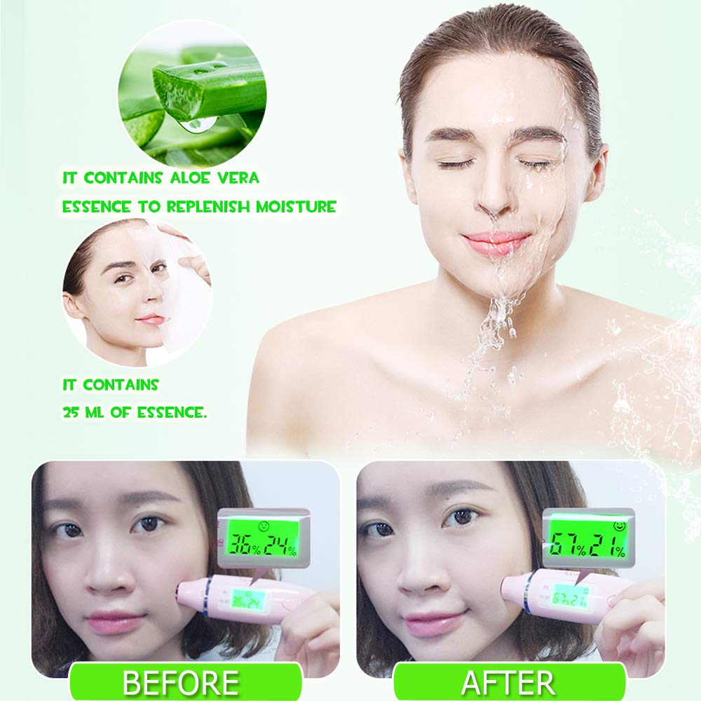 Aloe Vera Facial Sheet Mask - Hydrating & Moisturizing Skincare for Dry, Oily & Sensitive Skin - 25ml/0.8oz Revitalizing Treatment - Pack of 10 - Perfect for Spa Days, Travel & Nighttime Skincare Routine