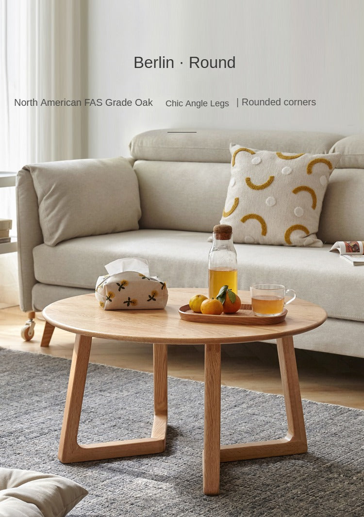 Solid Oak Wood Round Coffee Table - Rustic Modern Living Room Centerpiece for Home Decor & Relaxing with Family