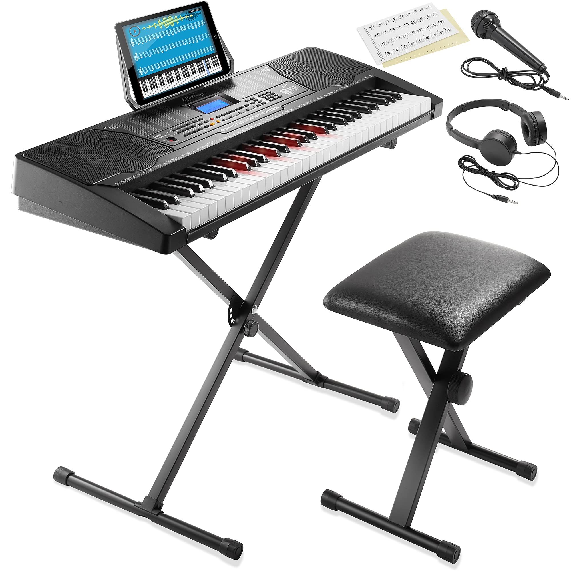 Ashthorpe 61-Key Digital Piano with Light-Up Keys - Full Beginner Keyboard Kit with Stand, Stool, Headphones & Microphone - Perfect for Home Learning, Music Practice & Gift Giving