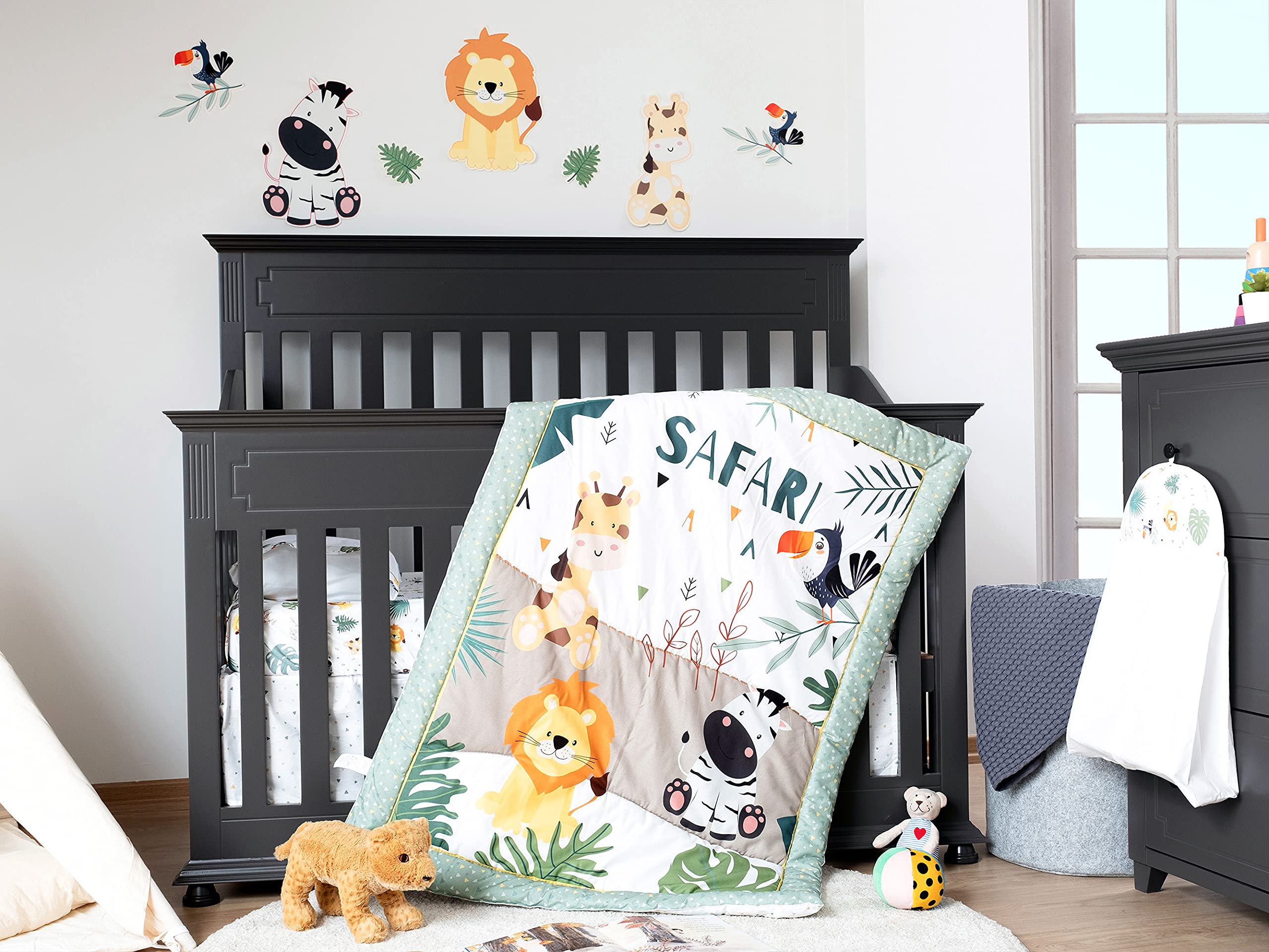PAMOOQ 100% Cotton 8-Piece Baby Crib Bedding Set with Mattress Protector | Jungle Safari Nursery Theme | Premium Turkish Cotton Woodland Collection | Soft & Breathable for Newborn & Toddler | Perfect for Nursery Decor, Baby Shower Gift & Cozy Sleep