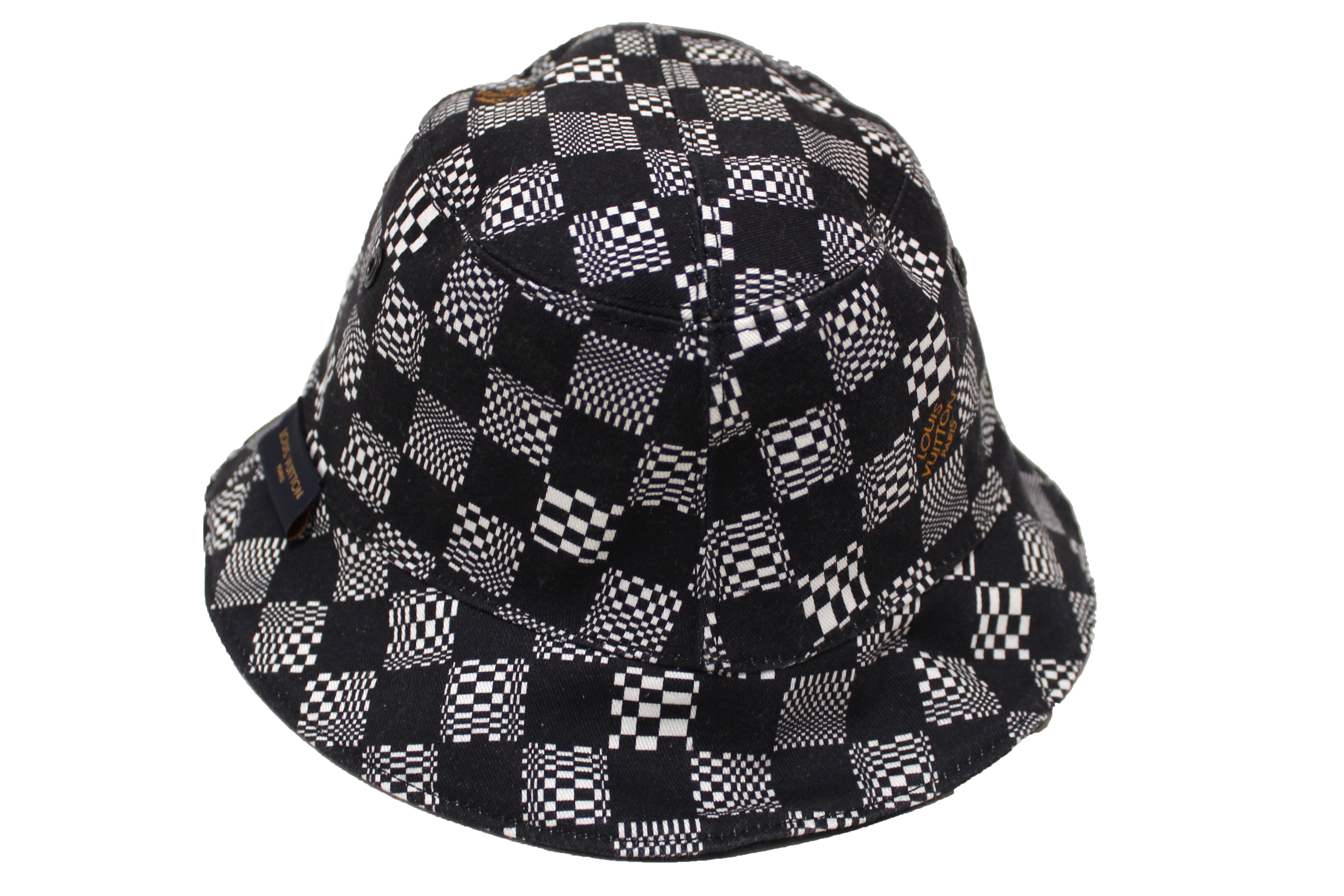 Authentic Louis Vuitton Black & White Distorted Damier Reversible Bucket Hat for Men & Women - Fashionable Unisex Sun Hat for Outdoor, Travel & Streetwear Style