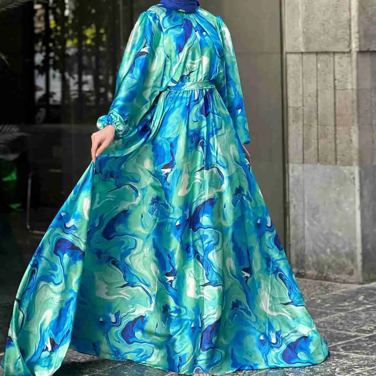 Elegant Printed Muslim Women's Satin Abaya Dress - Modest Islamic Prayer Dress for Eid, Wedding & Special Occasions