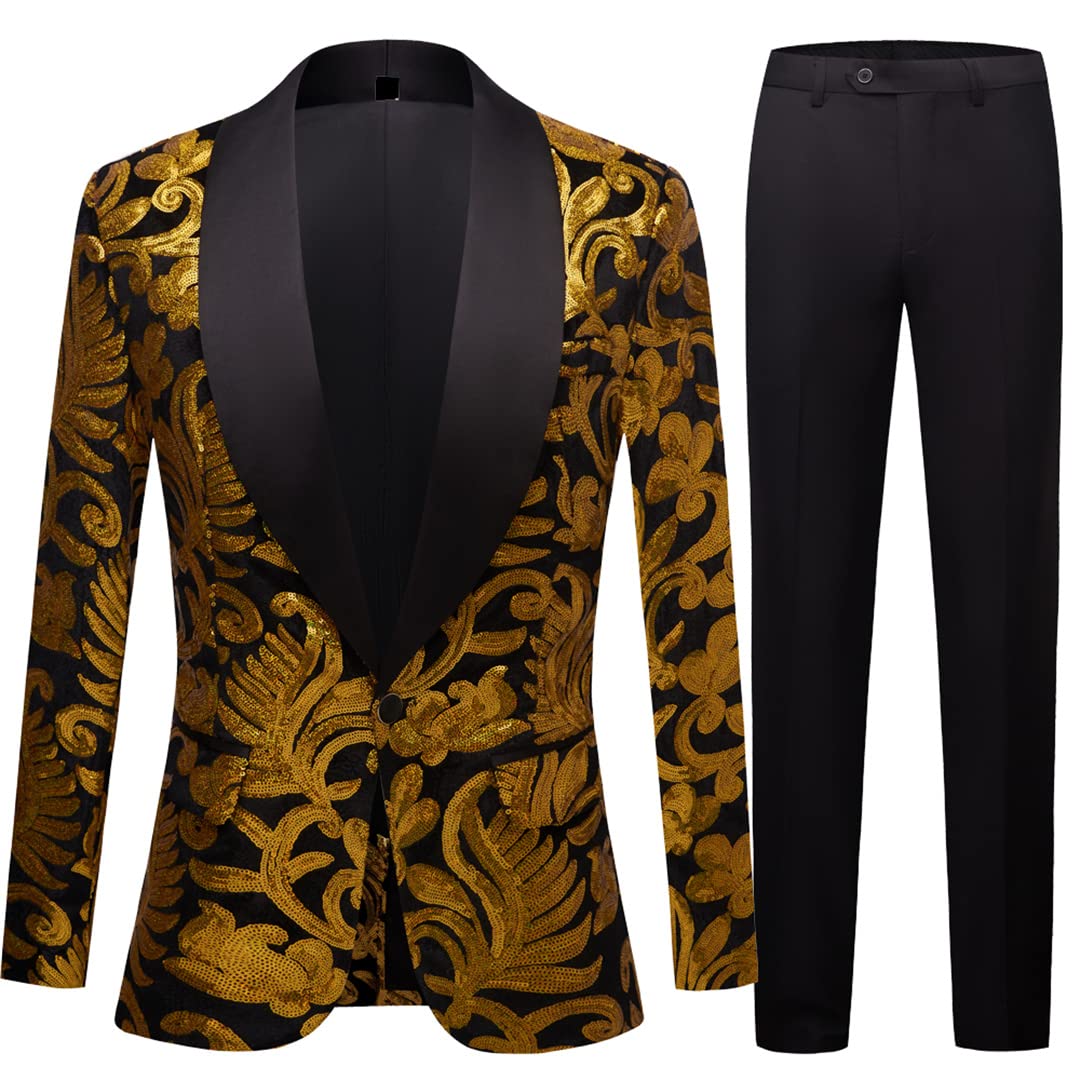 Shiny Gold Sequin Embellished Blazer Coat for Men - Glitter Party Suit Jacket & Pants Set (3XL) | Wedding, Nightclub, Prom, Formal Events & Special Occasions