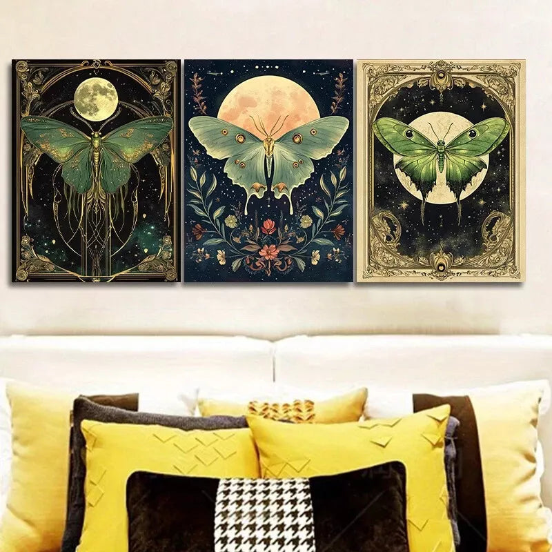 3-Piece Green Luna Moth Nature Wall Art Set - Framed Canvas 50x70cm (19.7x27.6in) - High Quality Print - 100% Australian Made - Ready to Hang - Perfect for Living Room, Bedroom & Office Decor