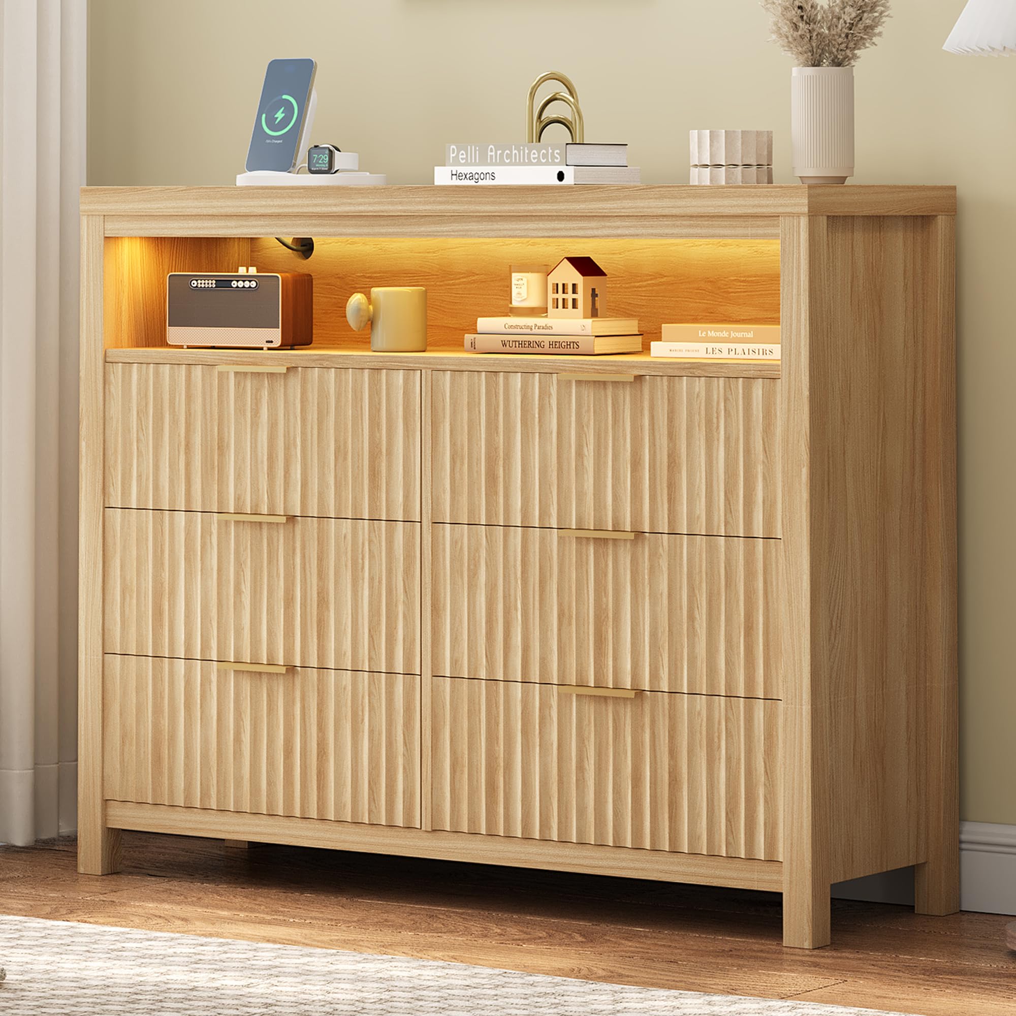 Fluted 6-Drawer Dresser with USB Power Outlet & LED Lights - Modern Boho Chest of Drawers with Charging Station, Large TV Stand Dresser, Double Wooden Drawer Organizer for Bedroom & Living Room (Natural Wood Finish) - Perfect for Small Space Organization & Contemporary Home Decor