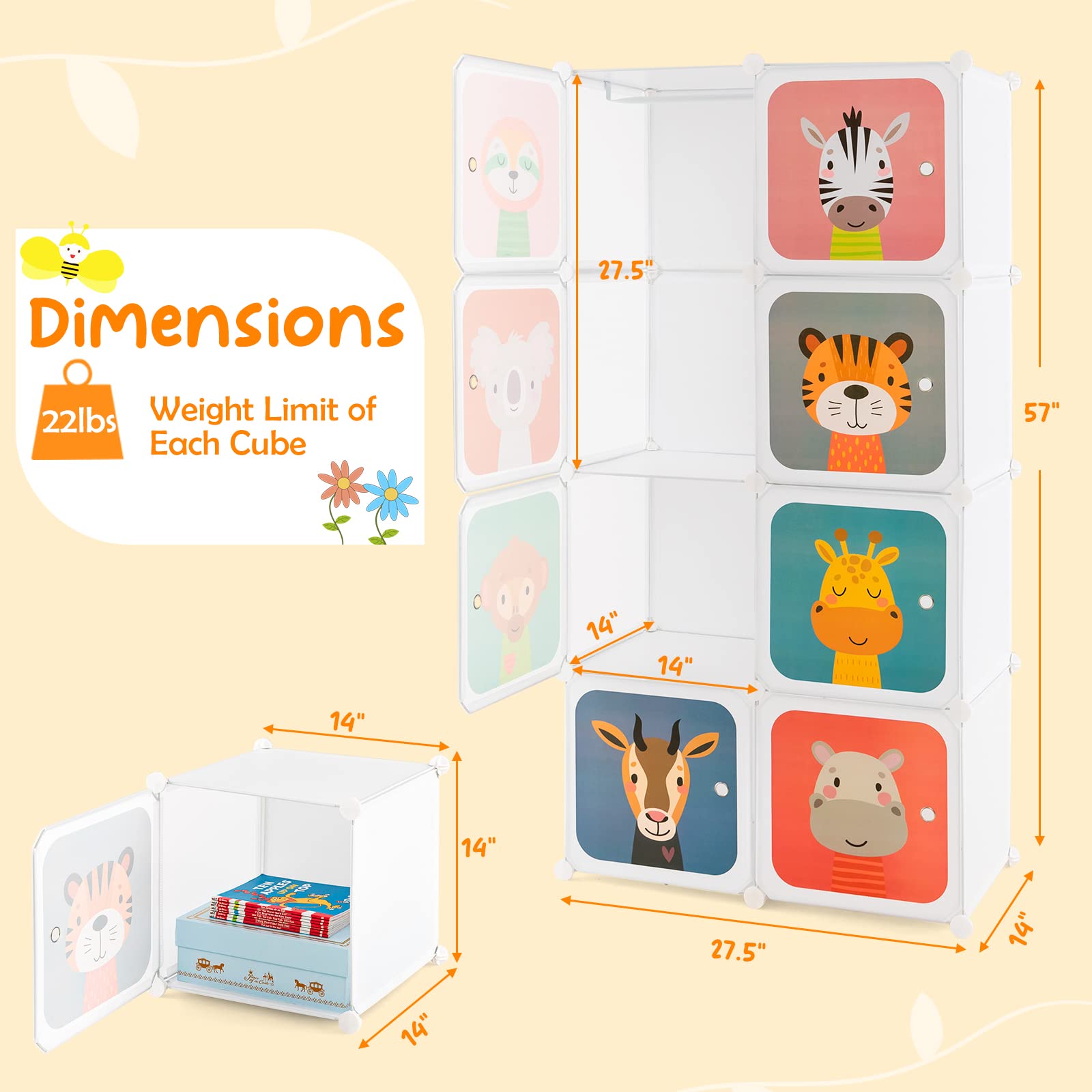 HONEY JOY Kids Wardrobe Closet - 8-Cube & 2-Hanging Section Baby Clothes Organizer | Portable DIY Modular Dresser Cabinet for Boys & Girls Nursery (White) | Perfect for Bedroom Storage & Toy Organization