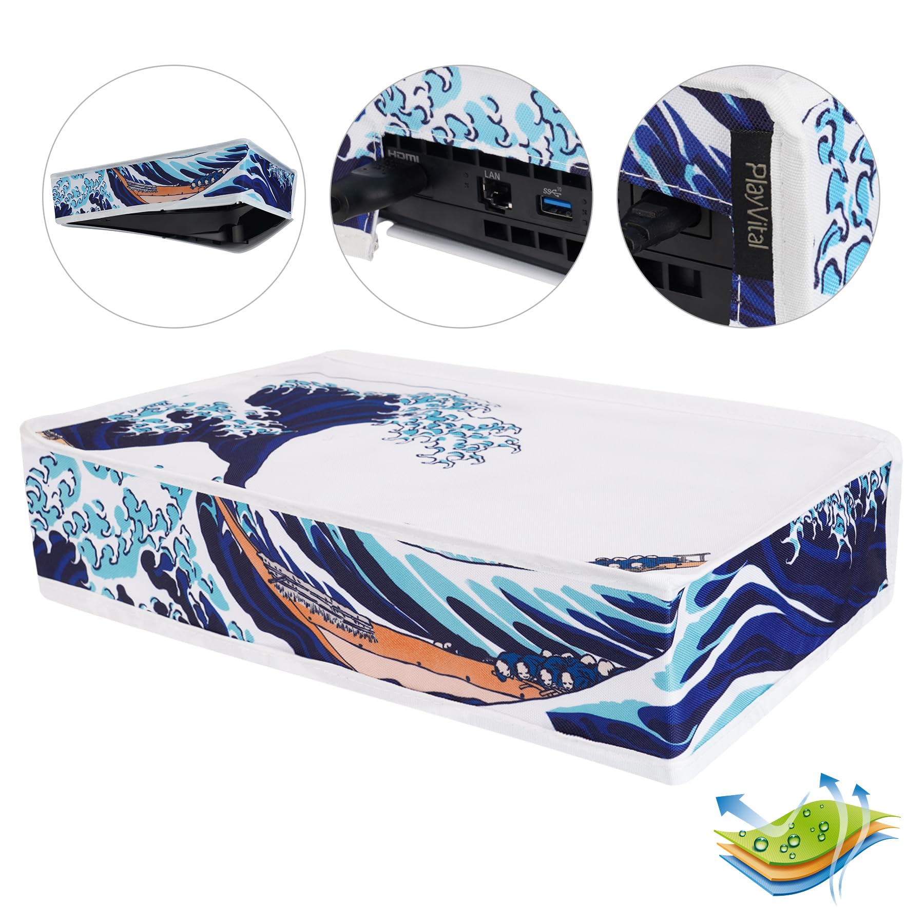 PlayVital Horizontal Dust Cover for PS5 Slim Digital Edition (New Smaller Design) - Nylon Dustproof & Waterproof Protector Sleeve for PlayStation 5 Slim Console - The Great Wave Design - Perfect for Gaming Setup Protection & Travel Storage