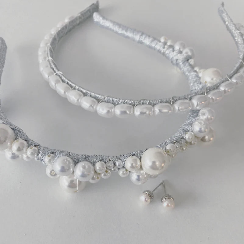 A'el Este Charlotte Bridal Pearl Headband - Silver Wedding Hair Accessory for Brides, Bridesmaids & Formal Events
