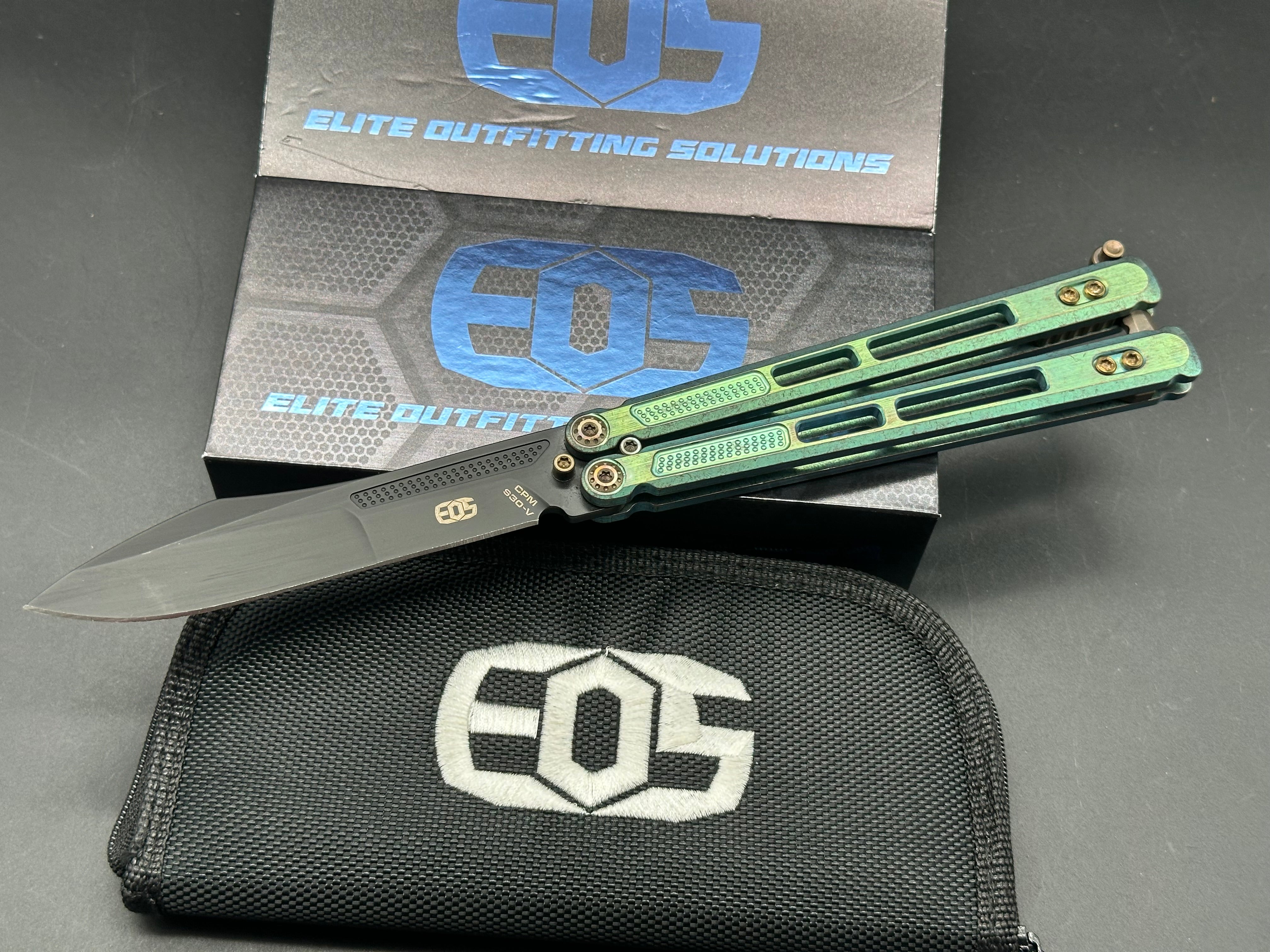 EOS Trident Balisong Butterfly Knife - Antique Green Bronze Titanium Handles with Gold Latch & Hardware | Collectible EDC Tool for Flipping Tricks & Outdoor Survival
