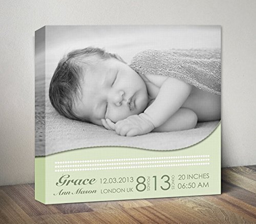 Custom Baby Birth Announcement Photo Canvas Art - Nursery Wall Decor, Newborn Gift for Baby Shower (Girl/Boy) - Green, Pink, Blue, Brown - Perfect for Nursery Decor & Baby's First Birthday Gift