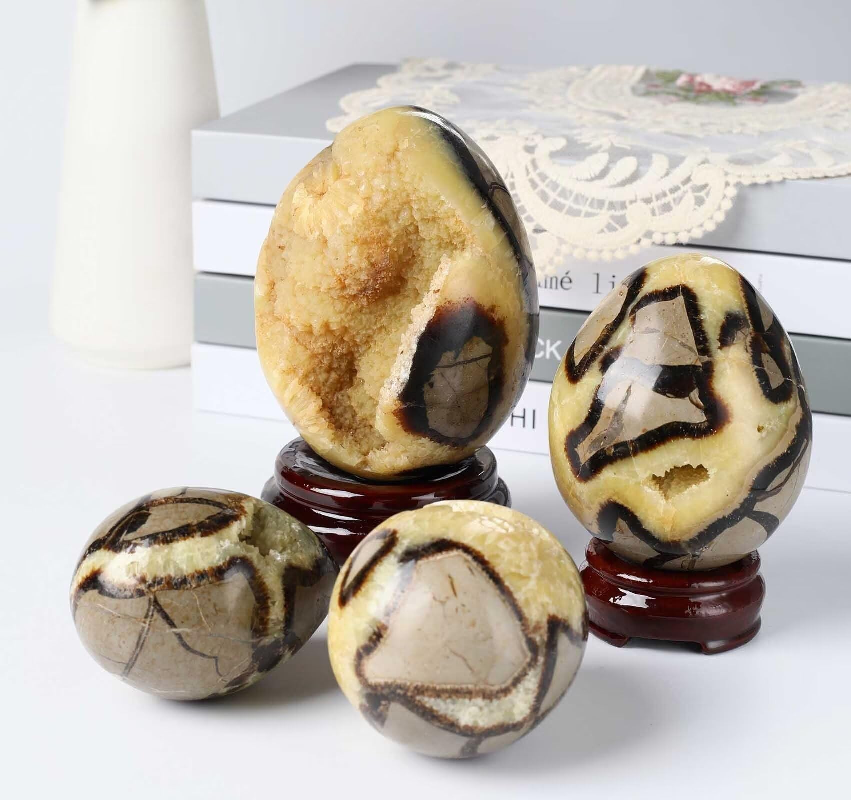 Natural Septarian Geode Egg - Polished Healing Crystal Stone Collection, Septarium Mineral Specimen with Stand - 0.8-1.3 lbs - Home & Office Decor, Meditation & Spiritual Healing Gift