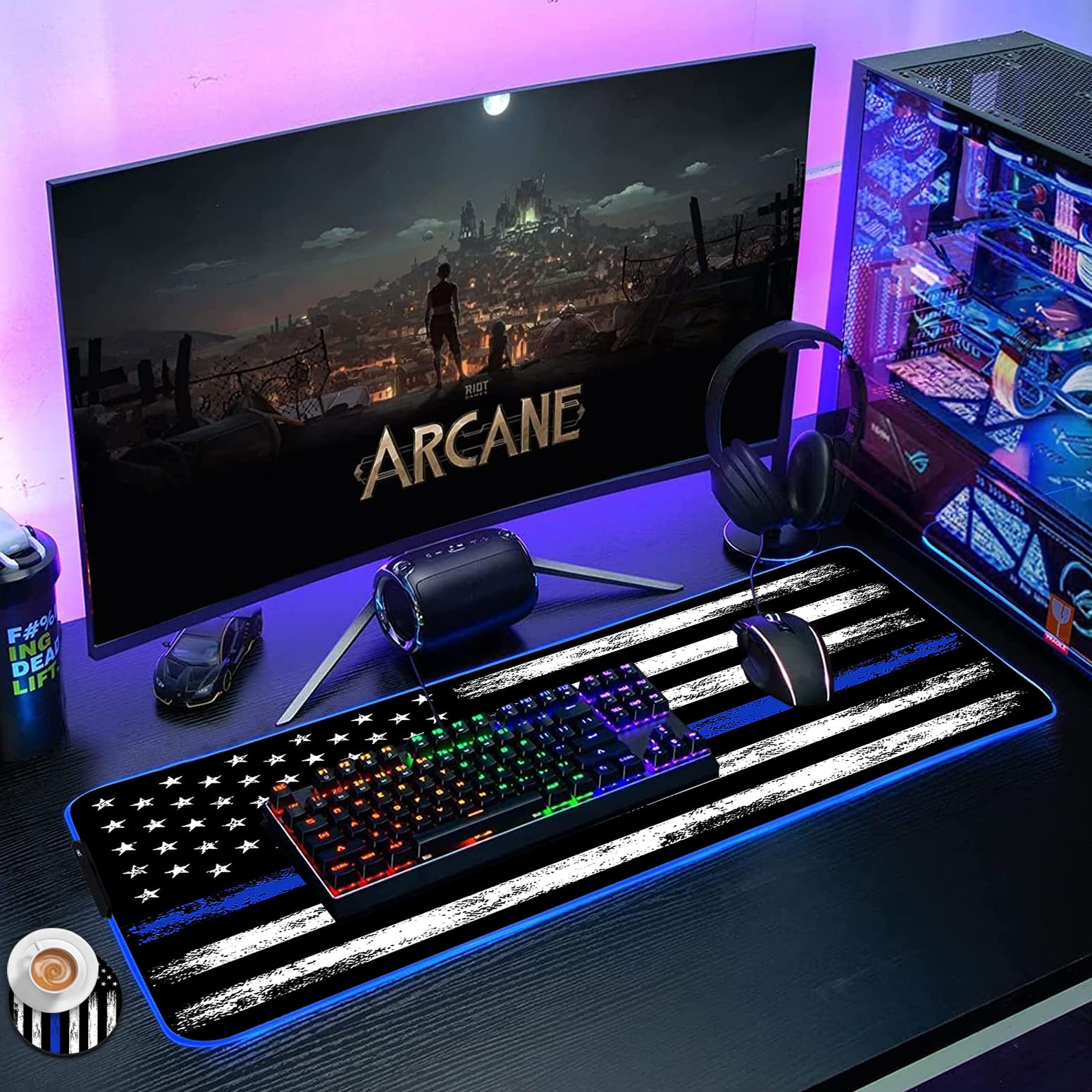 RGB Gaming Mouse Pad with LED Lights - Large Non-Slip Desk Mat for Keyboard & Mouse | Waterproof Optical Surface | Perfect for PC Gaming, Office Work & Streaming Setup | Retro Thin Blue Line American Flag Design