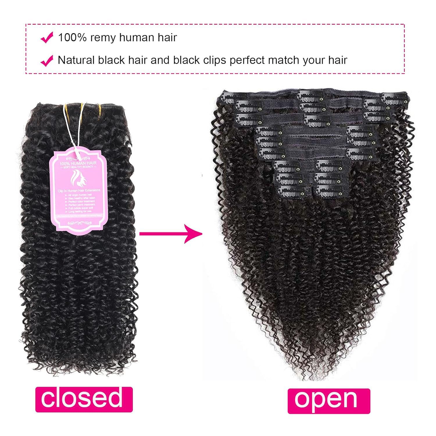 Kinky Curly Clip-In Hair Extensions 16inch - 10A Brazilian Remy Human Hair (3C/4A Afro Texture) - 10-Piece Set with 21 Clips for Black Women - Natural Black Hair Extensions for Daily Styling & Special Occasions