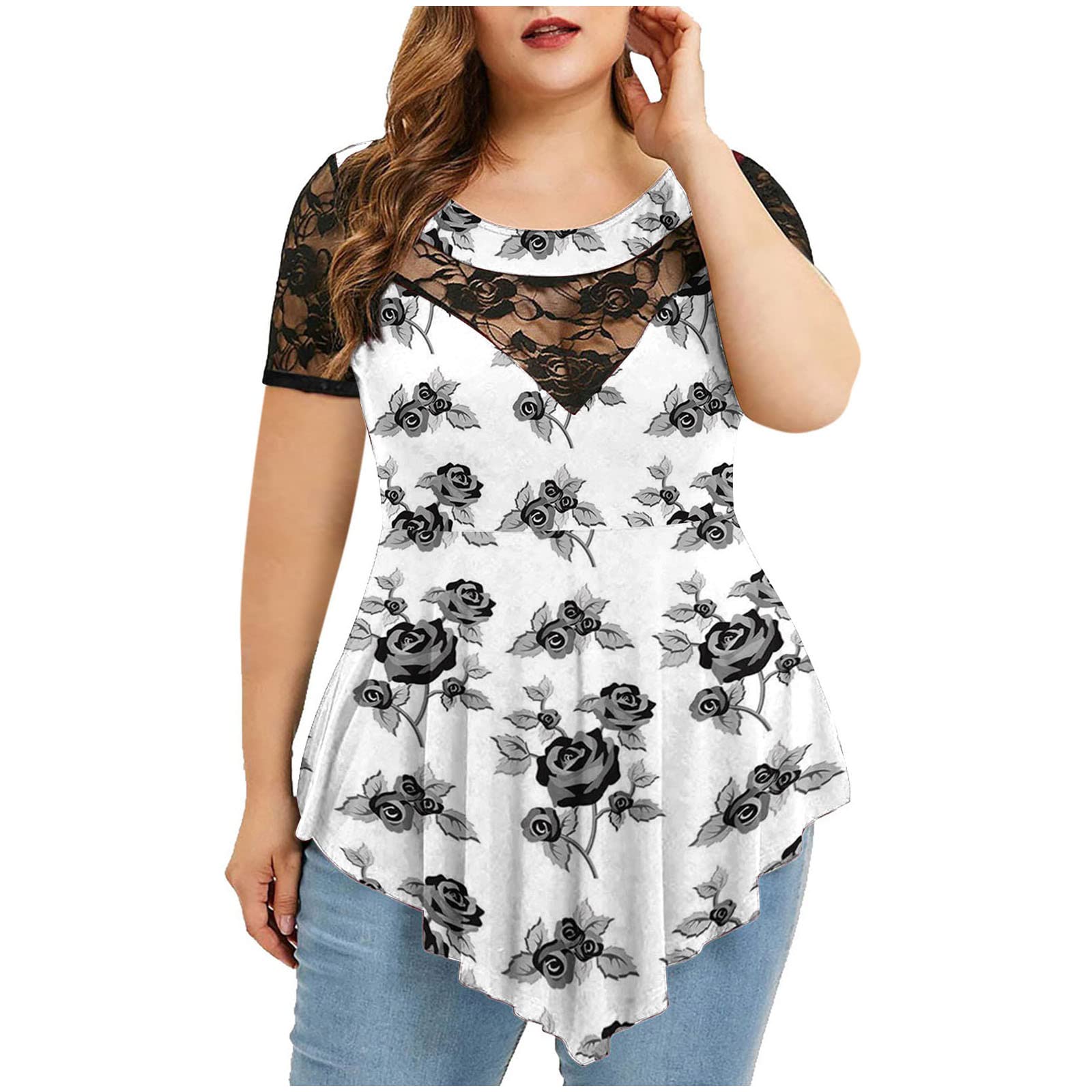 2022 Women's Casual V-Neck Ruffle Button Short Sleeve T-Shirt - Beachwear, Summer Outfit, Heartbeat Print Fashion Top for Daily Wear & Vacation Style