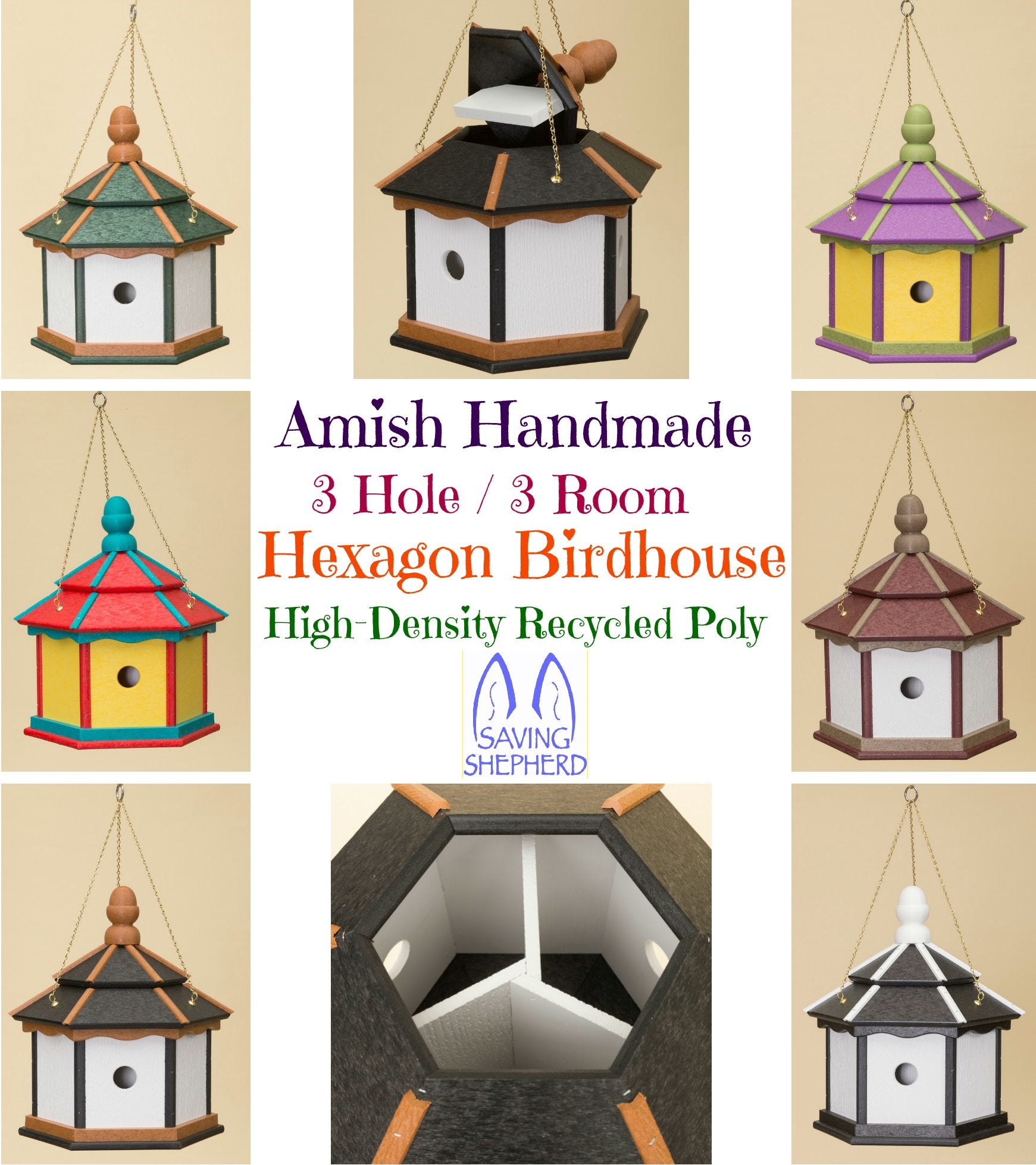 Large Hexagon Birdhouse - 3 Room Amish Handmade Weatherproof Recycled Poly Bird House for Outdoor Garden Decor (6 Color Options) | Perfect for Backyard, Patio & Wildlife Habitat